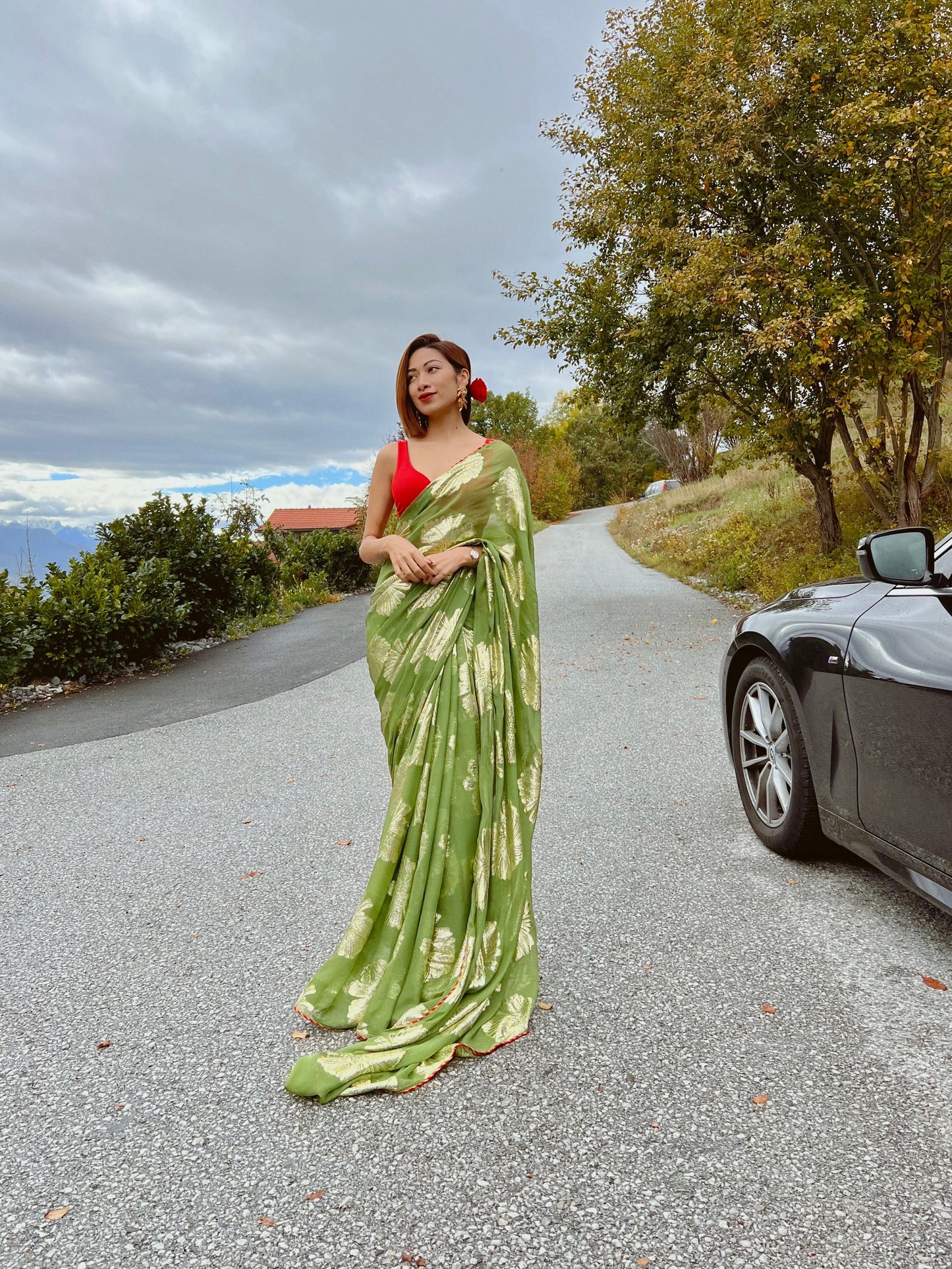 Nargis Green Georgette Sitara Saree