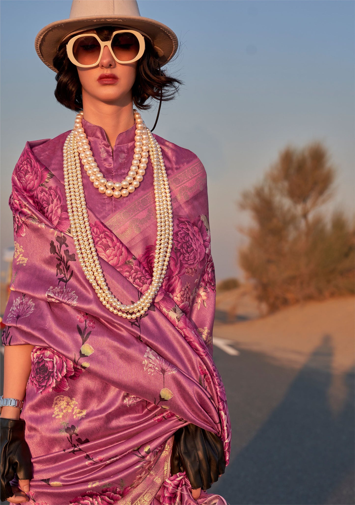 Lavender Kikigai Printed Tussar Silk Saree