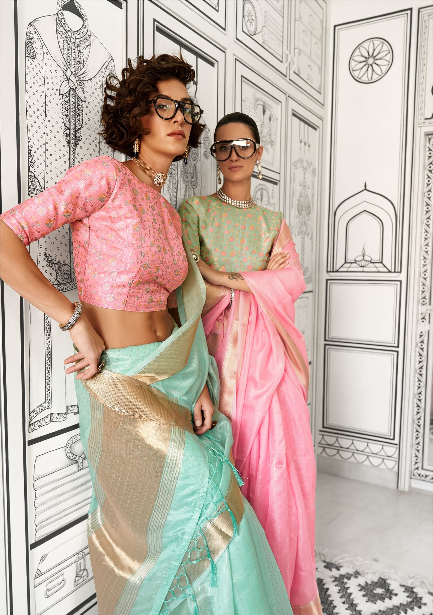 Turquoise Green Knoorie Moss Chiffon Handloom Saree