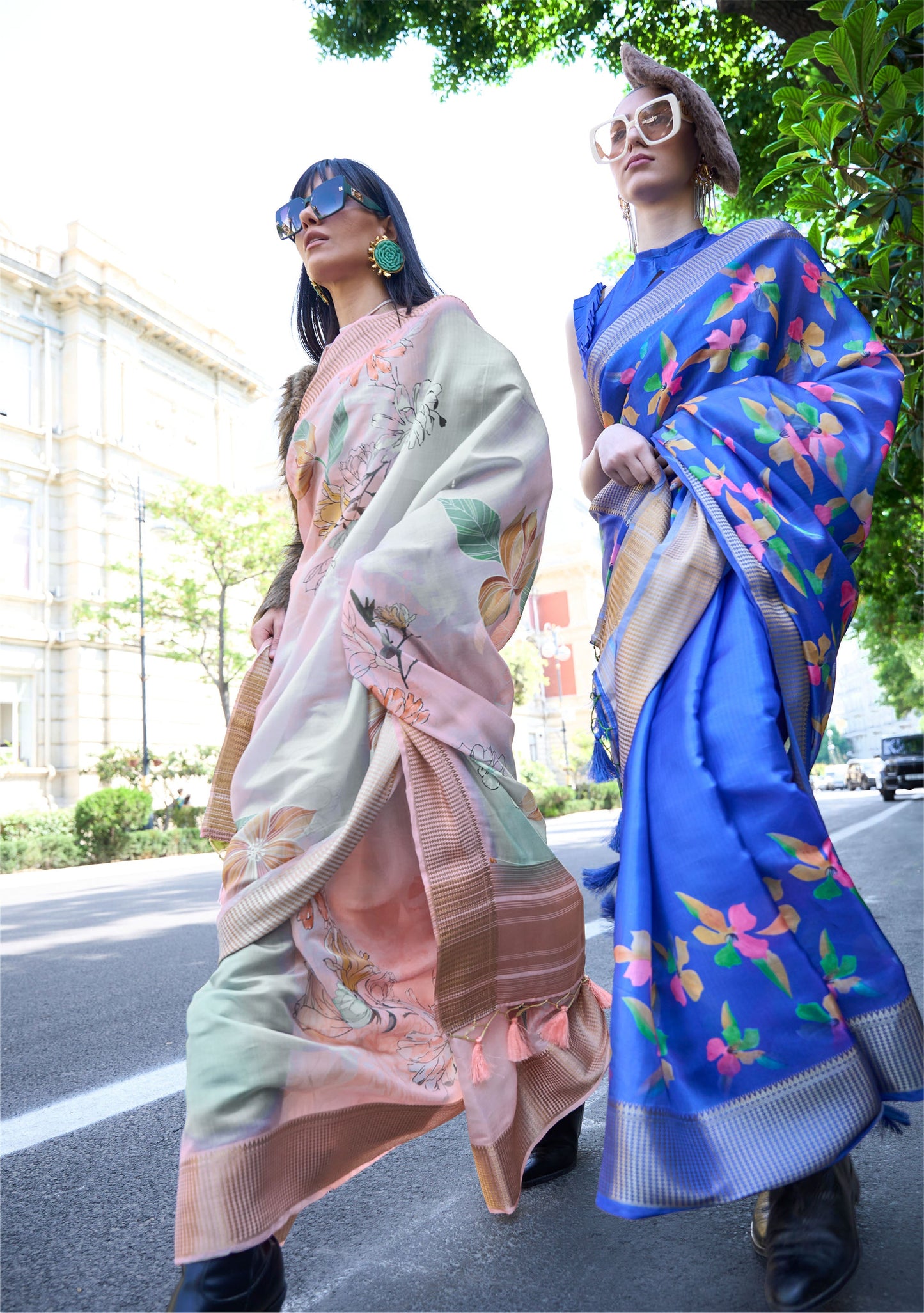 Royal Blue Floral Klay Print Satin Organza Saree