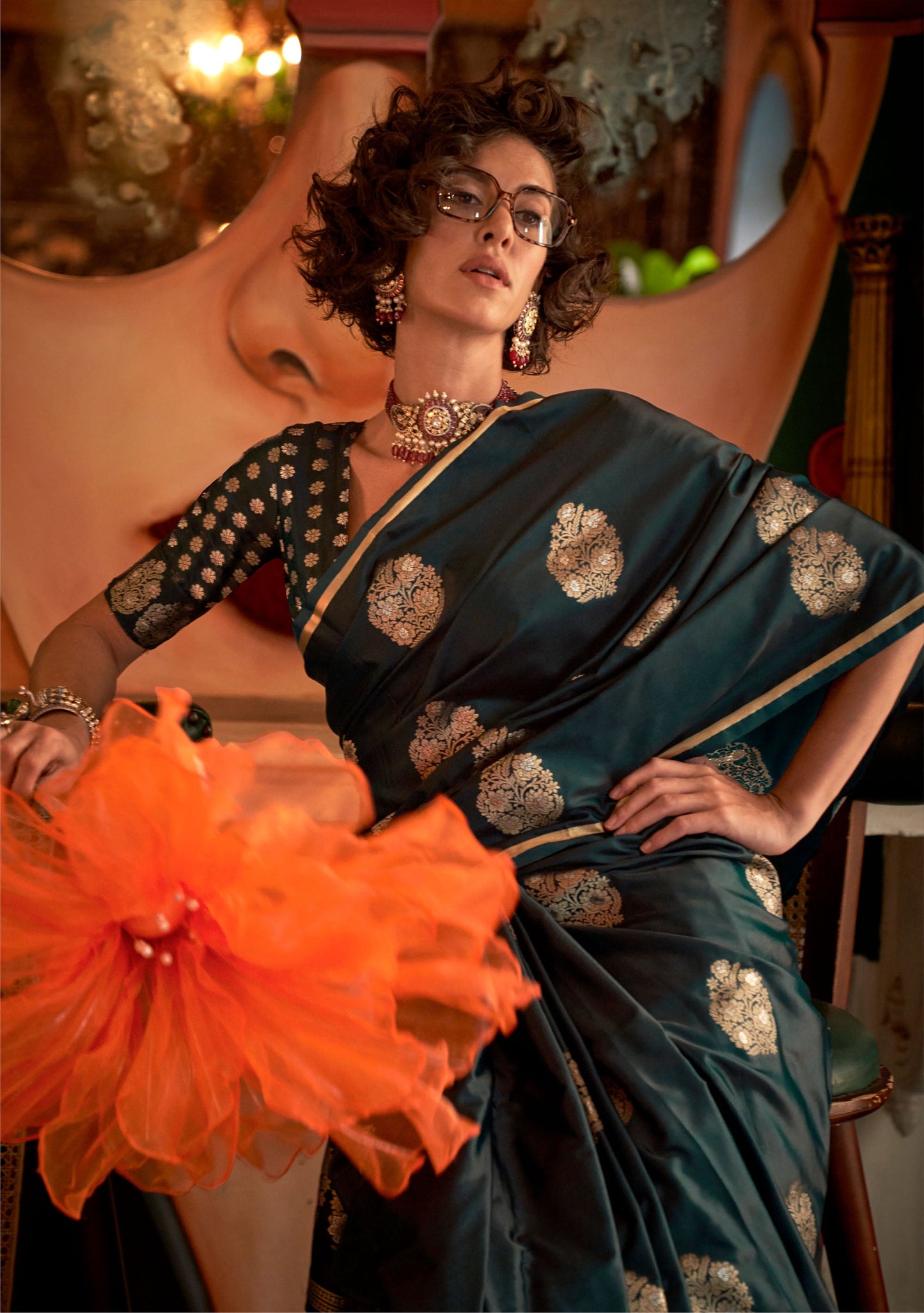 Dark green Kanthkala Topaz Pure Satin Handloom Saree