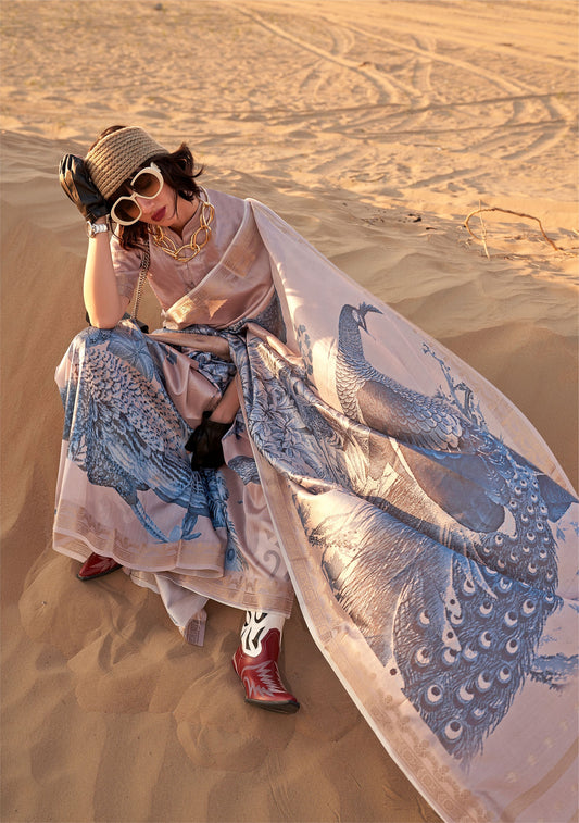 Beige Kikigai Printed Tussar Silk Saree