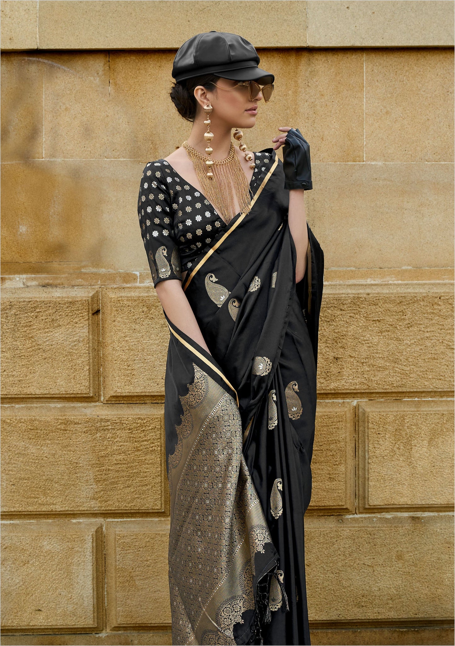 Black Kanthkala Pure Satin Handloom Silk Saree