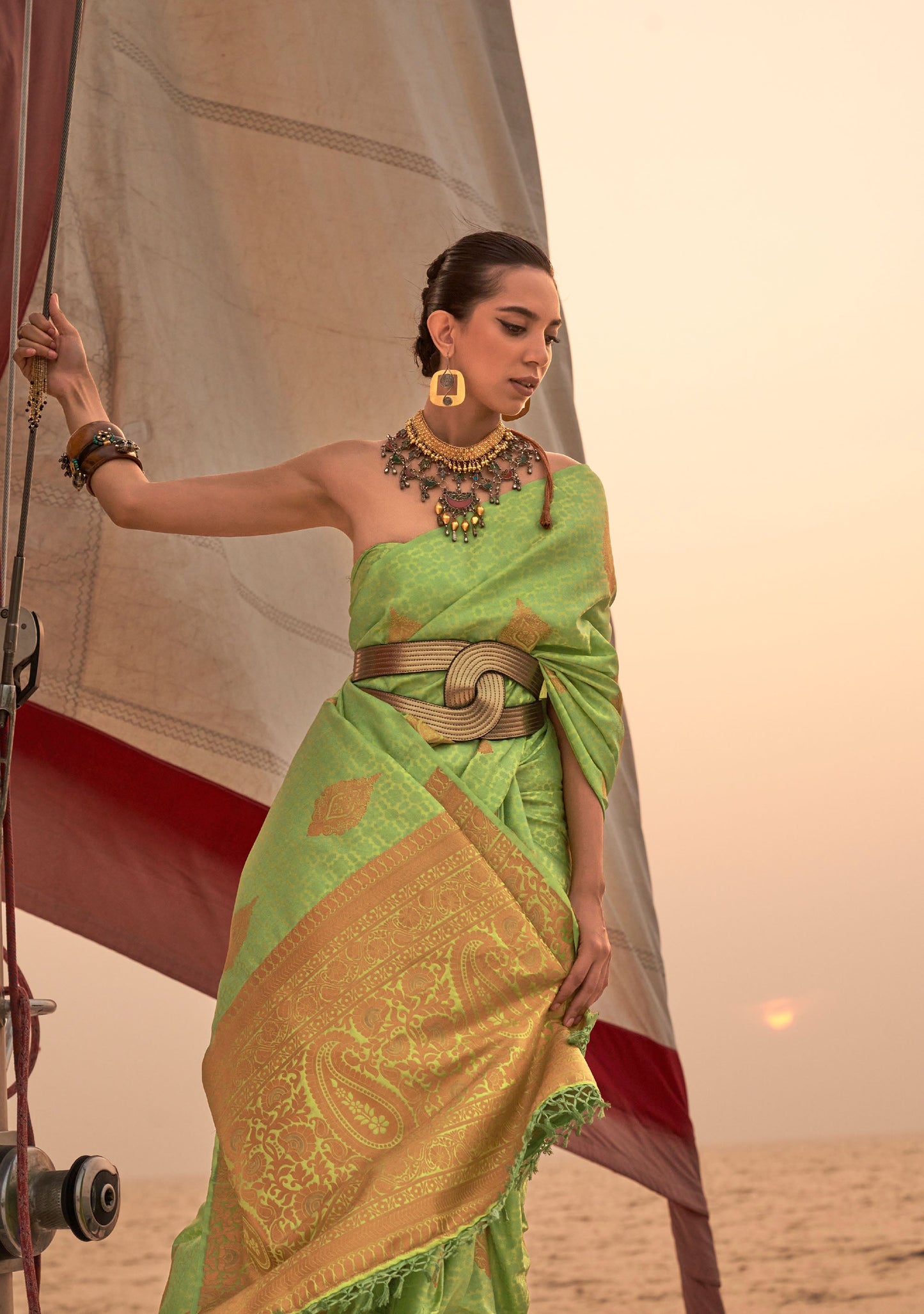 Light Green Kokoro Satin Two tone handloom weaving saree