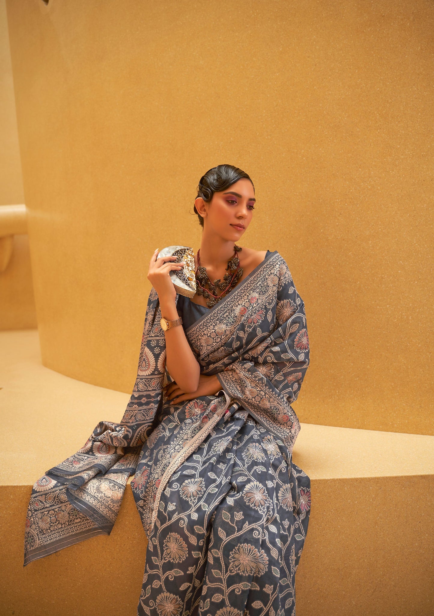 Grey Kitasha Lucknowi Chikankari Saree