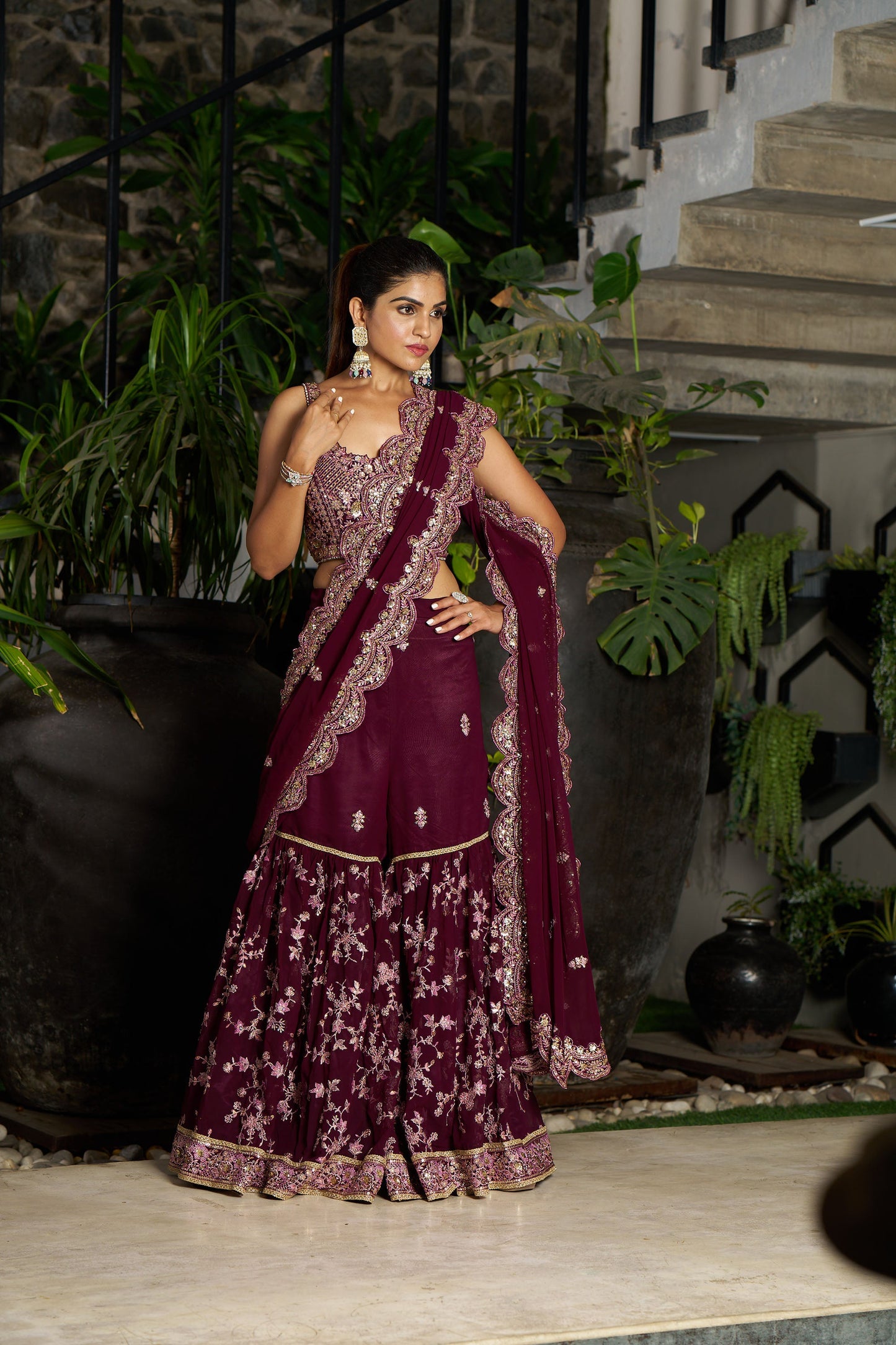 Wine Indo Western Eid Saree