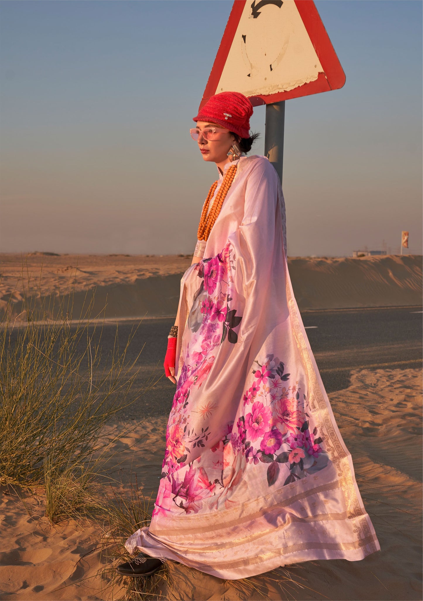 Cream Kikigai Printed Tussar Silk Saree