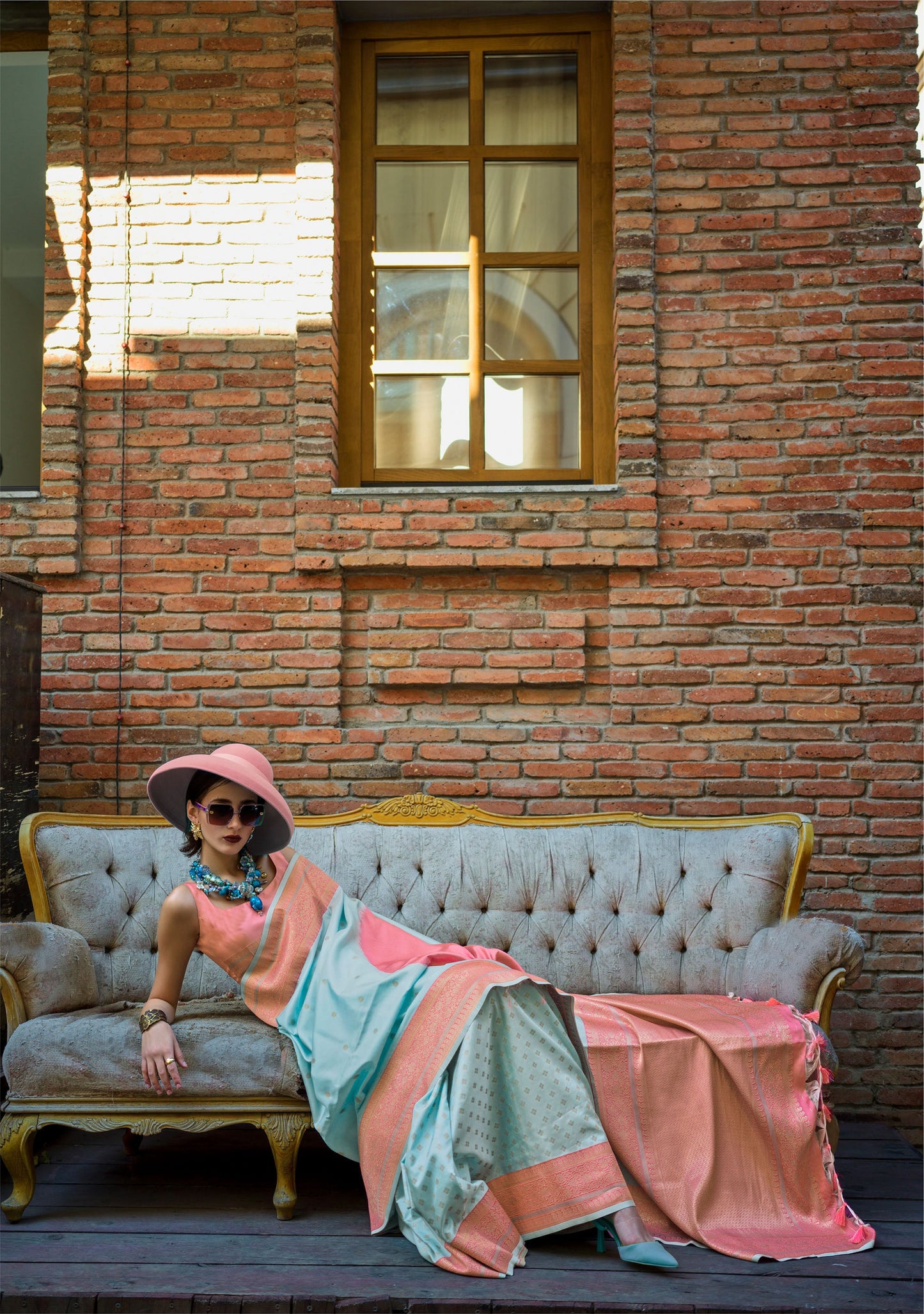 Light Blue Peach Koche Soft Silk Handloom Saree