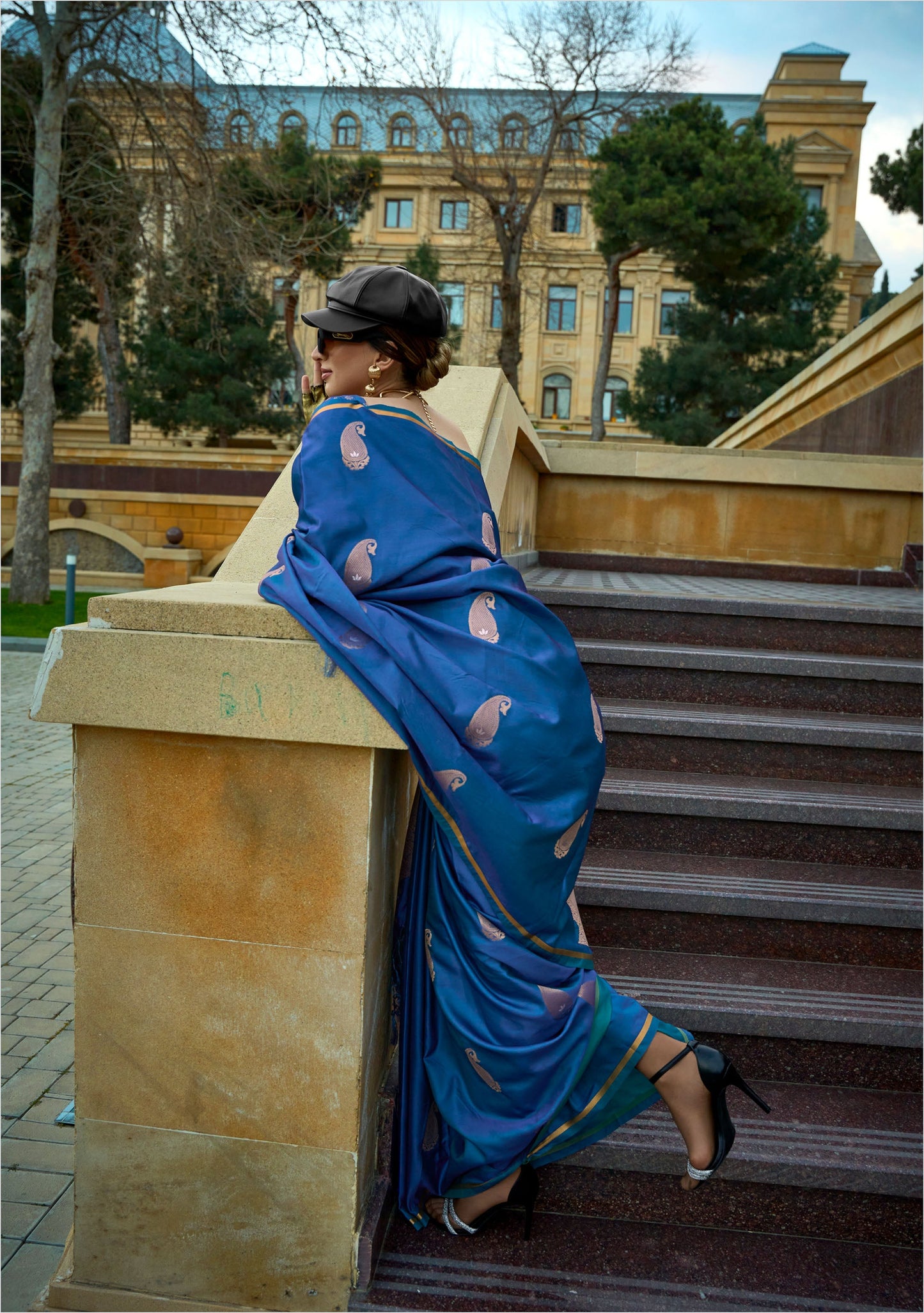 Ocean Blue Kanthkala Pure Satin Handloom Silk Saree