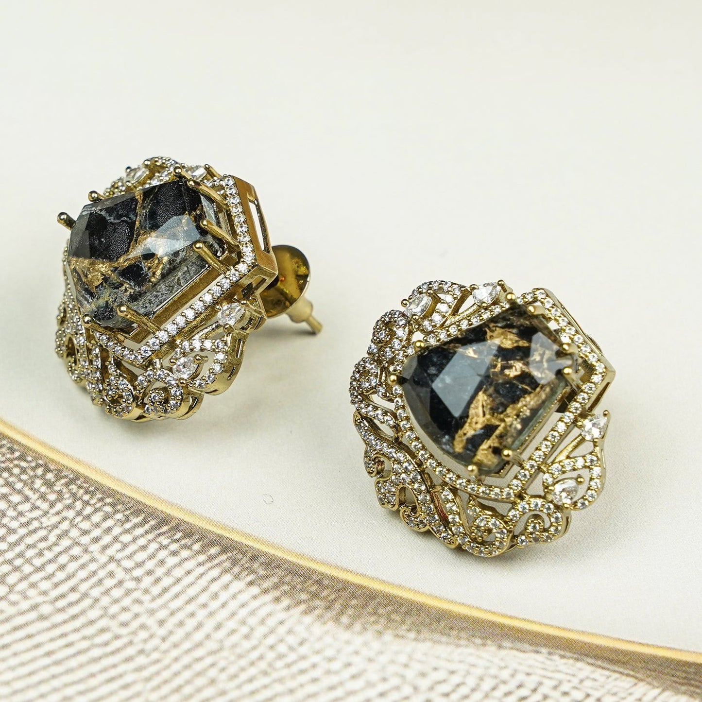 Zevar Club Gold-Tone Smoky Black Stone & AAA Cubic Zirconia Statement Stud Earrings