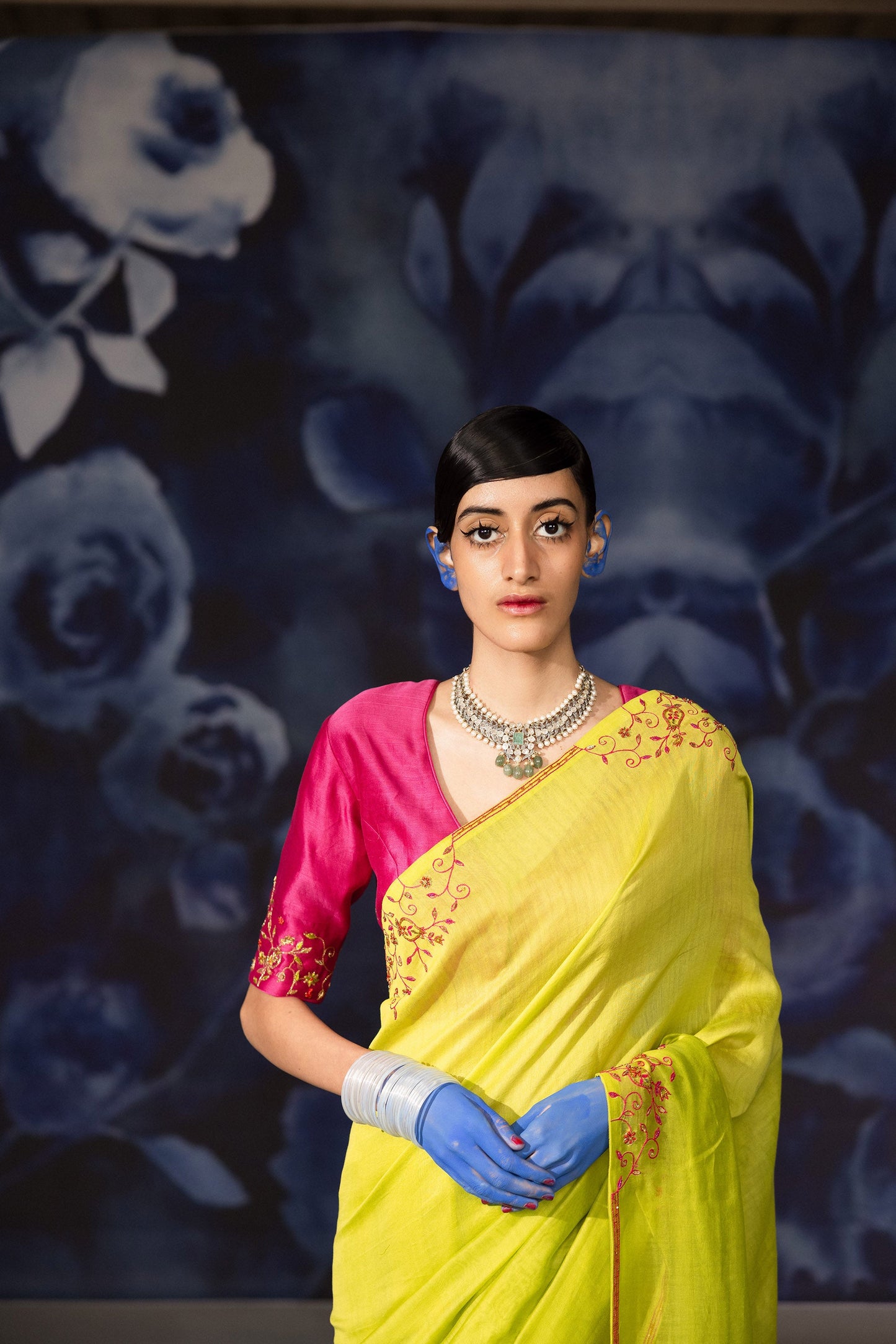 Green and Pink Chanderi Hand Embroidered Vastralekha Saree