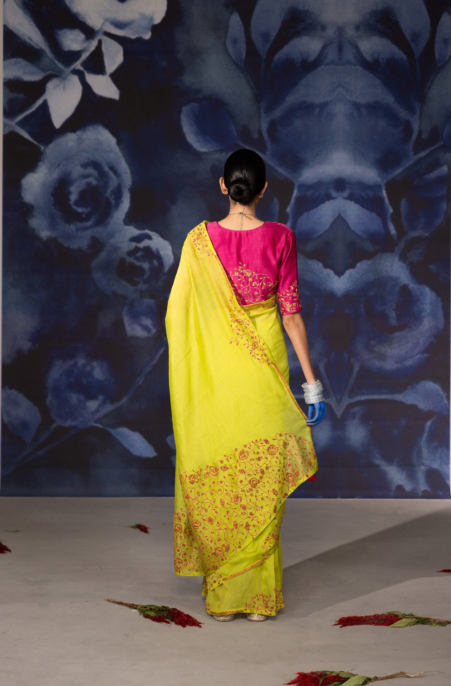 Green and Pink Chanderi Hand Embroidered Vastralekha Saree