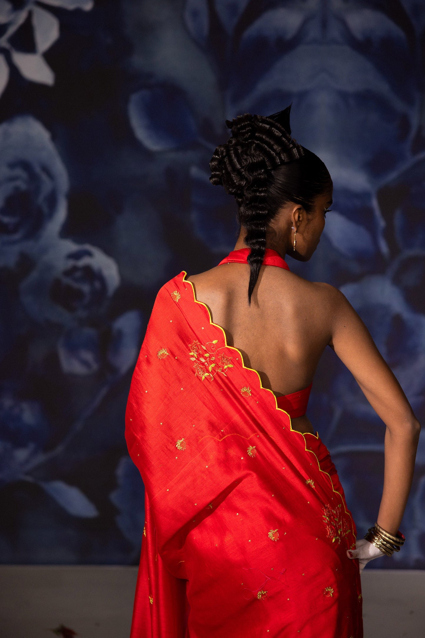 Red and Green Chanderi Hand Embroidered Vastralekha Saree