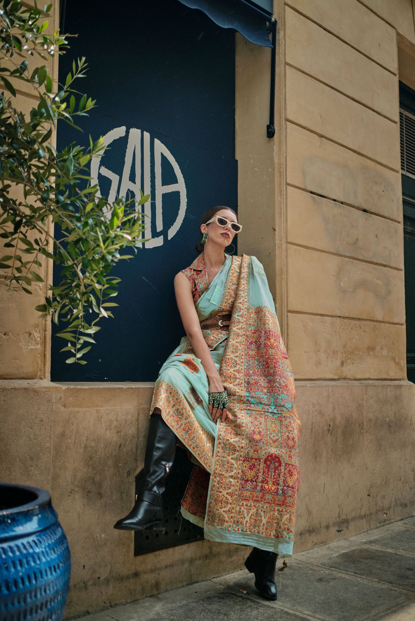 Cadet Blue Khadija Kashmiri Handoom Silk Saree