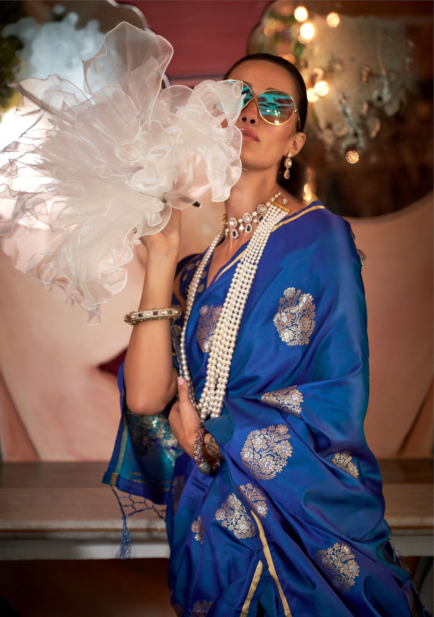 Royal Blue Kanthkala Topaz Pure Satin Handloom Saree