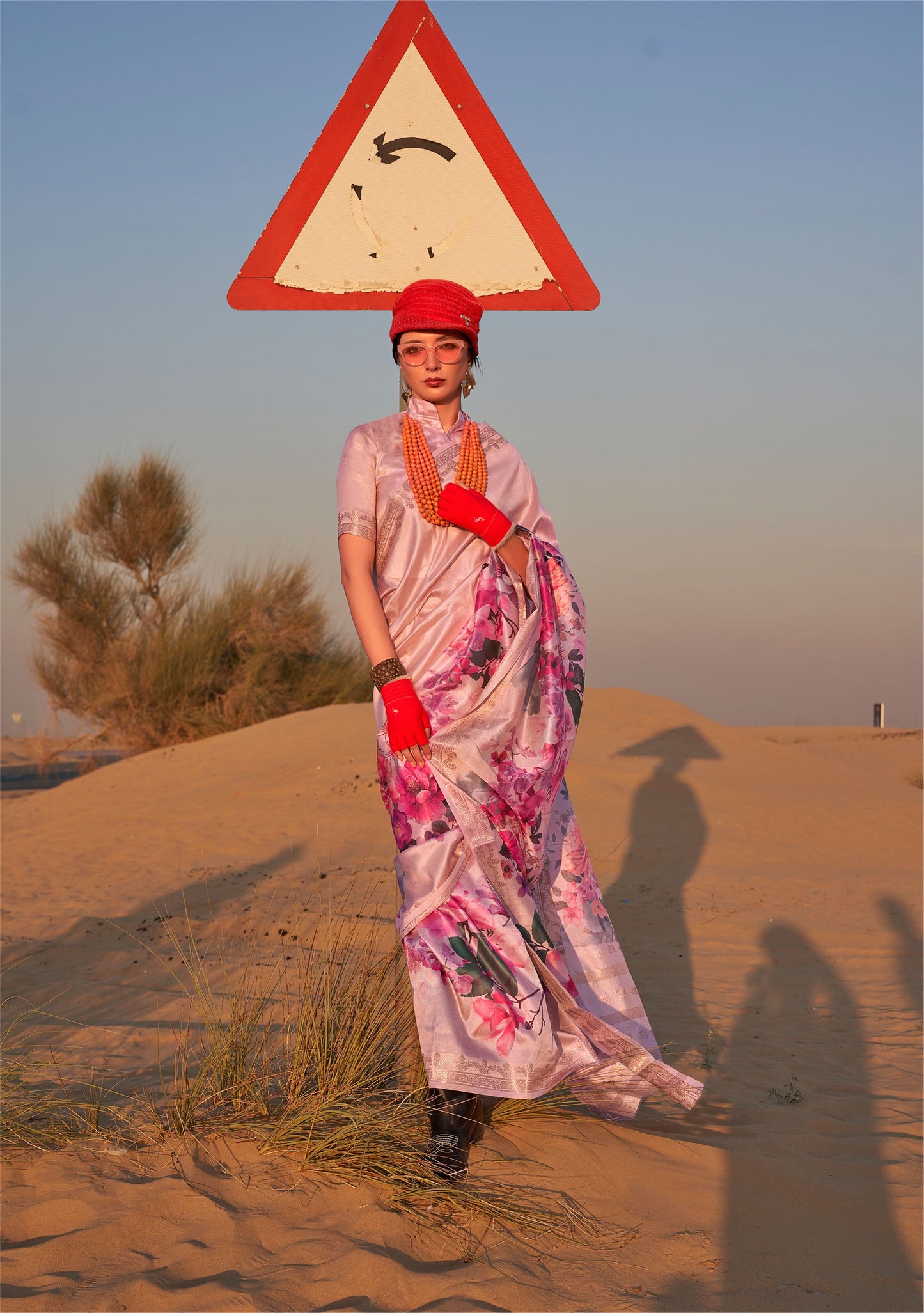 Cream Kikigai Printed Tussar Silk Saree