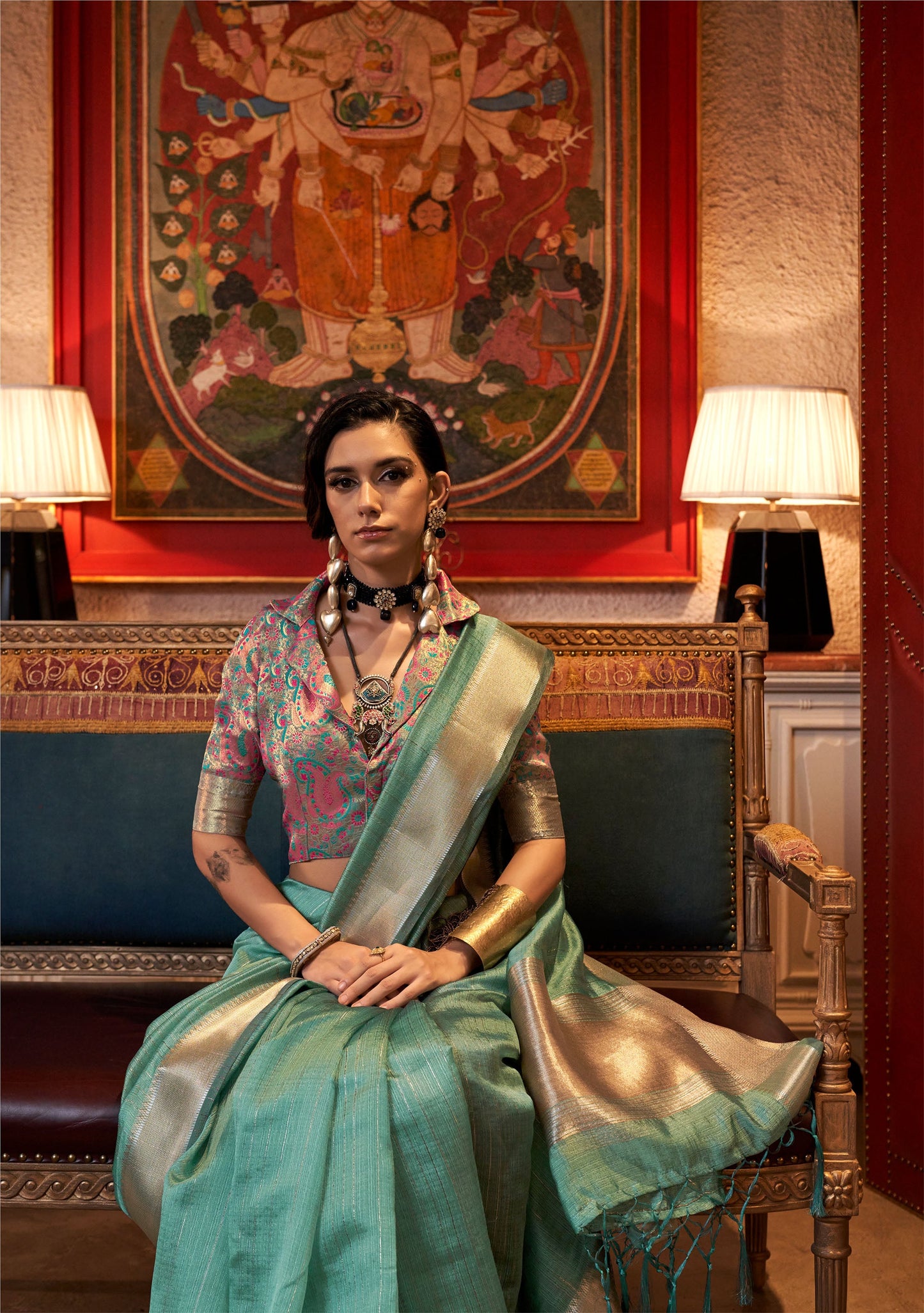 Teal Green Knoorie Moss chiffon Seasons saree