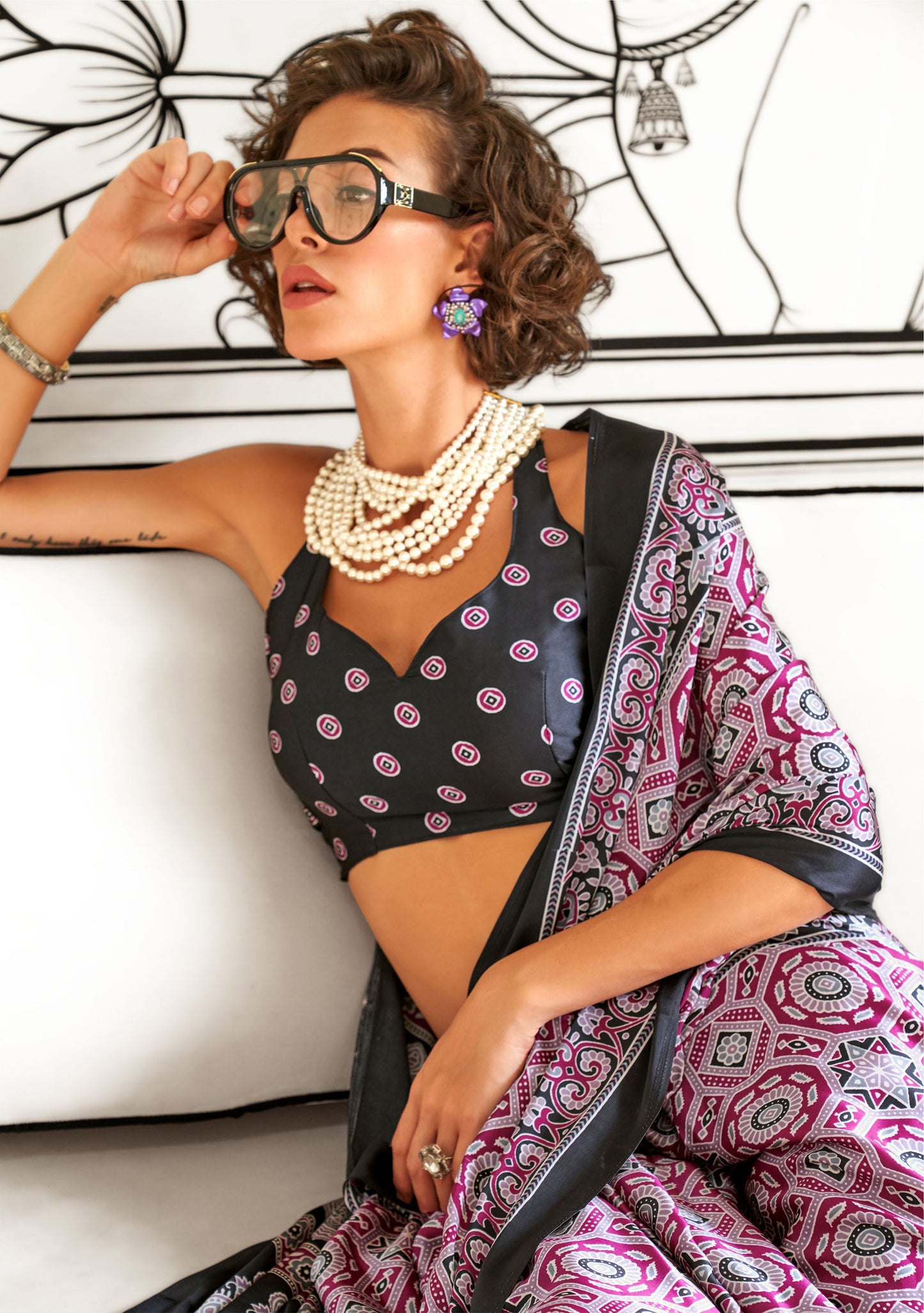 Burgundy Kajarkh Printed Ajrakh Satin Saree