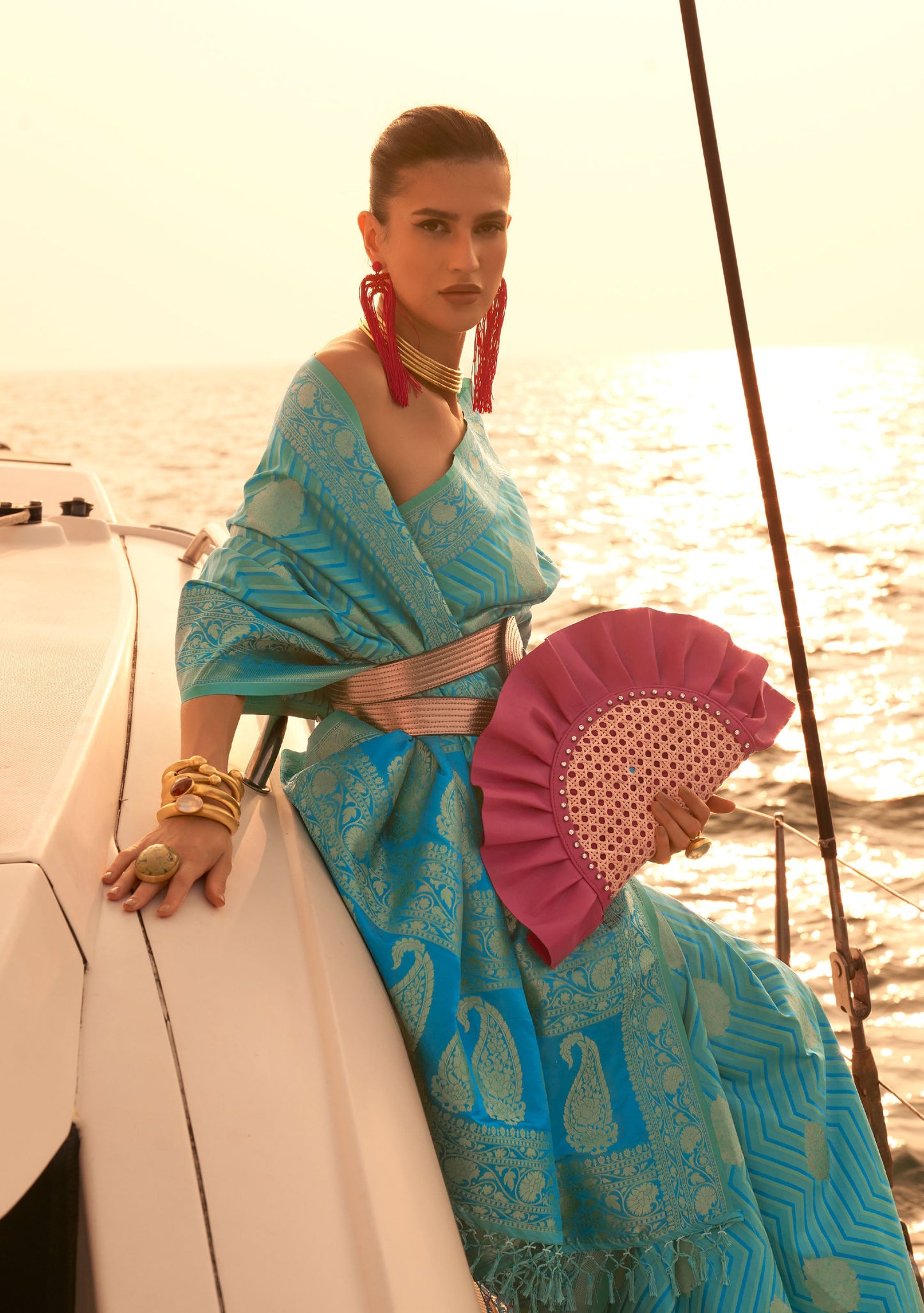 Sea Blue Kingston Pure Satin Nylon two tone saree