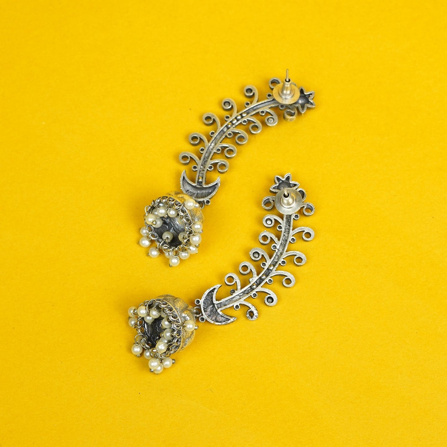 Zevar Club Oxidised Silver-Plated Leafy Spiral Dome Teardrop Jhumka Earrings