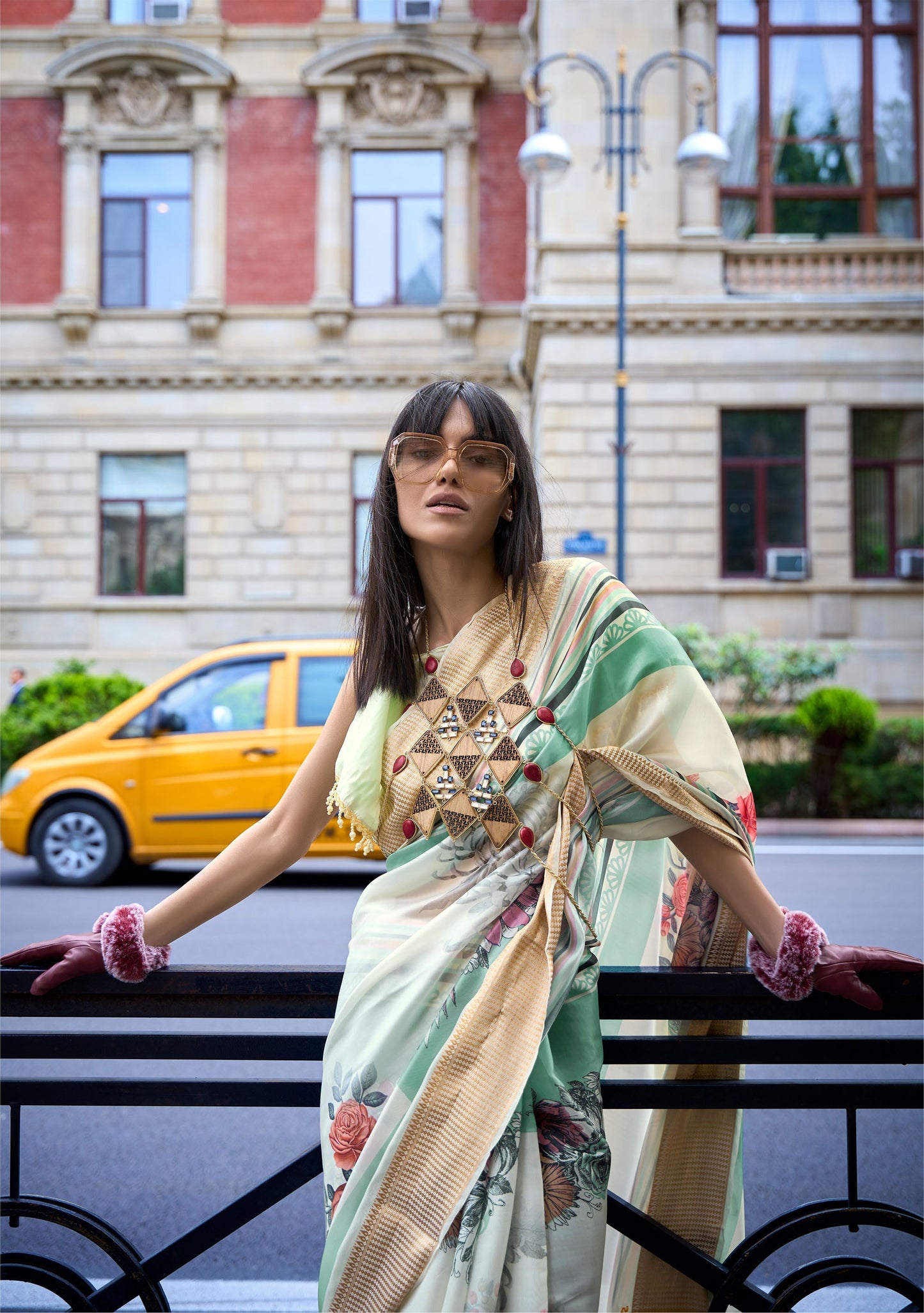 Cream and Green Floral Klay Print Satin Organza Saree