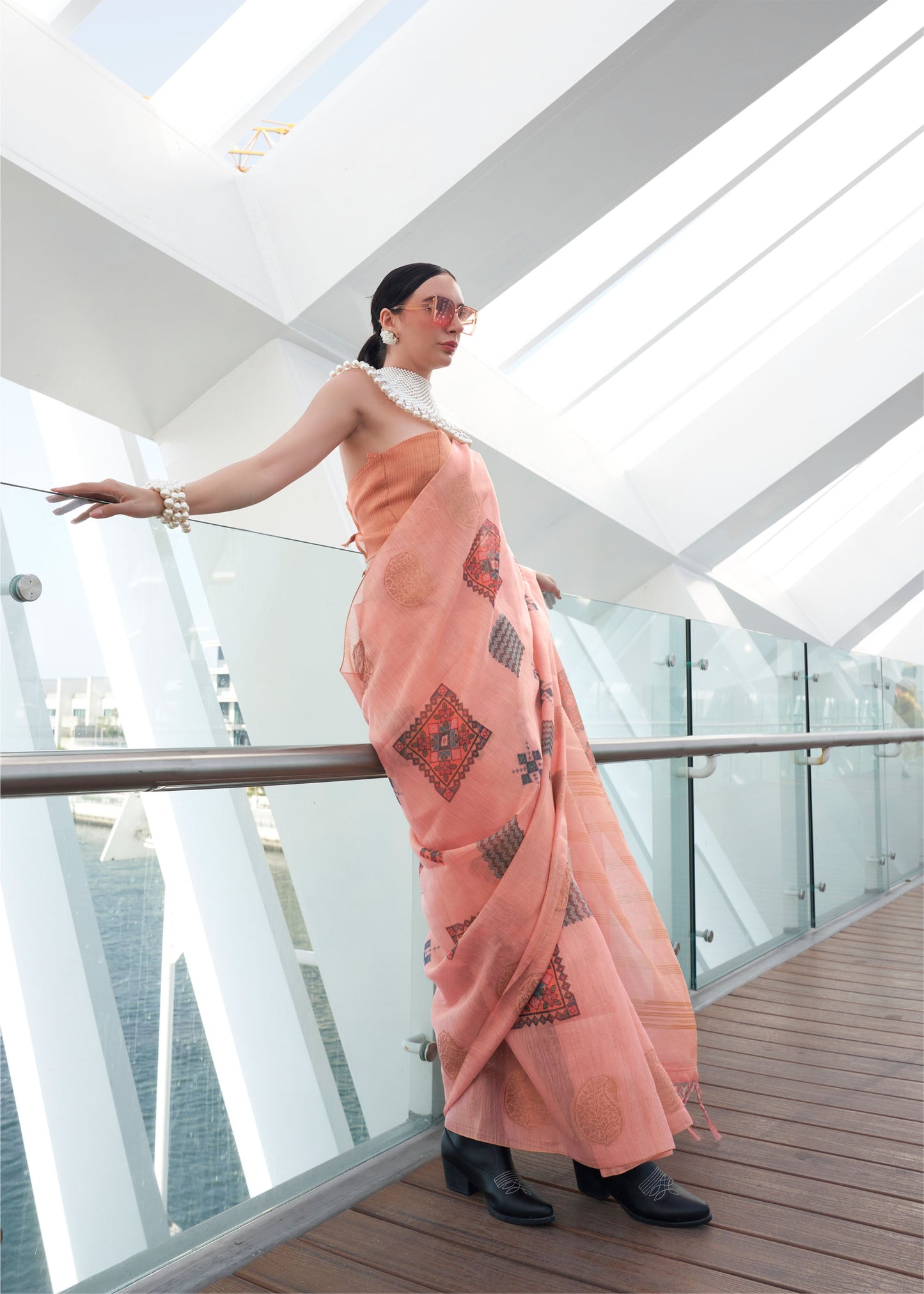 Peach Kroma Zari Tissue handwoven Printed Silk Saree