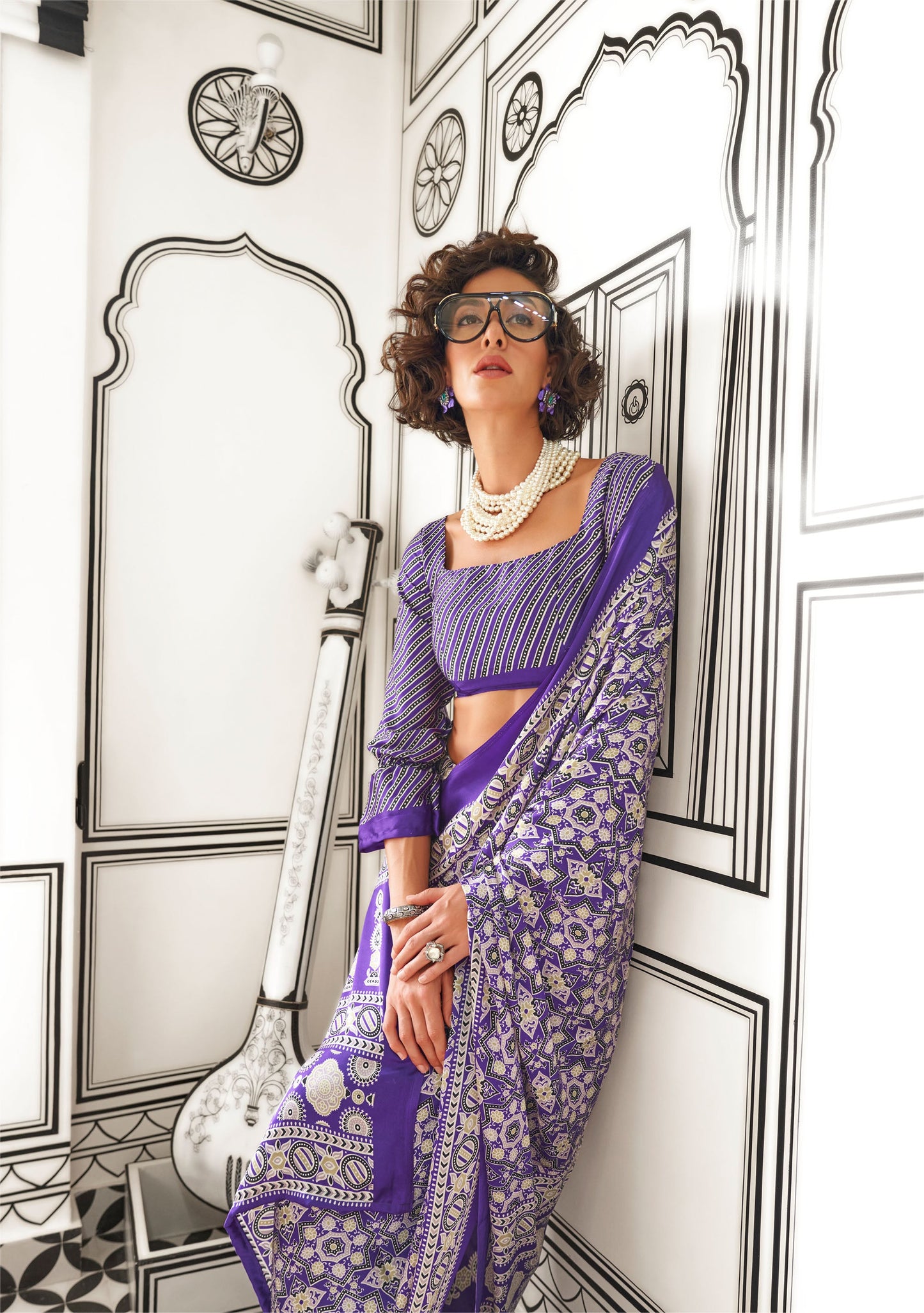 Violet Kajarkh Printed Ajrakh Satin Saree