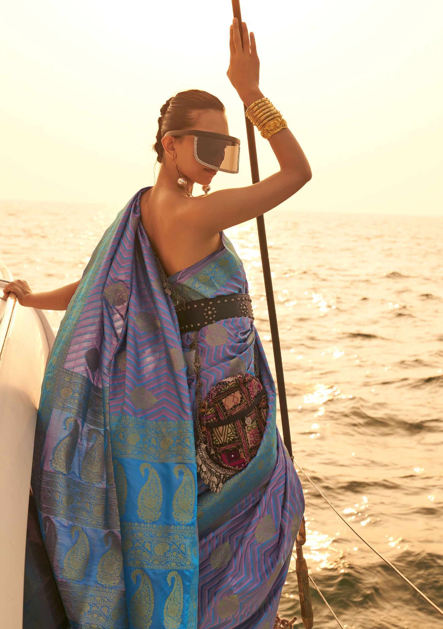 Violet Blue Kingston Pure Satin Nylon two tone saree