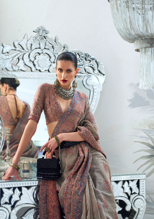 Beieg Brown Kqaalib Kashmiri Handloom saree