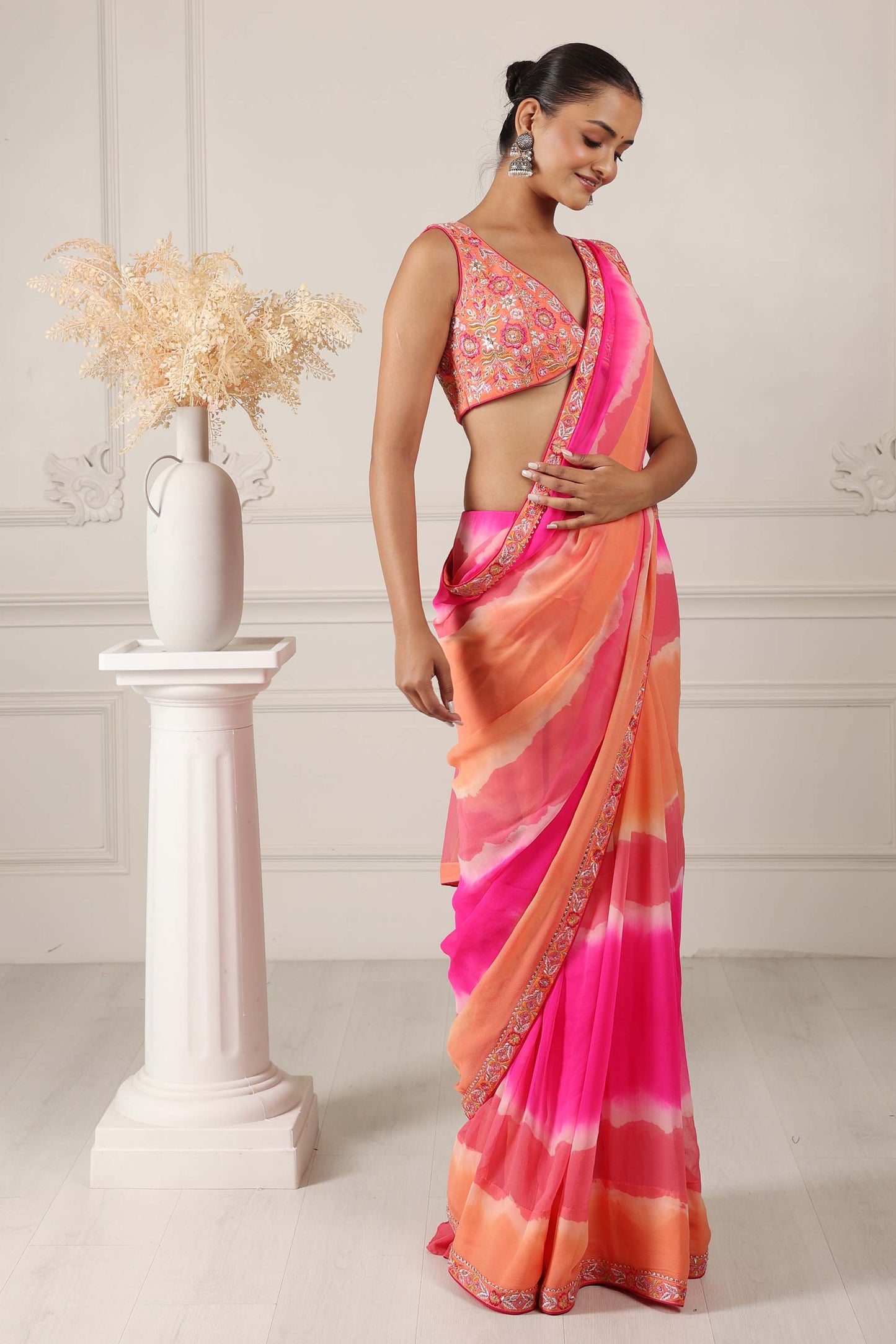 Hastkala Orange Georgette Thread Embroidered saree