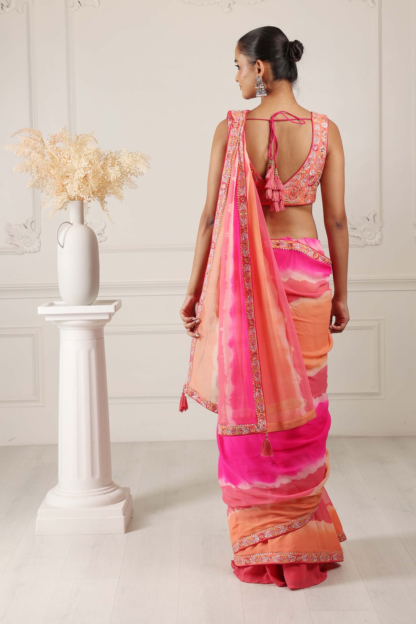 Hastkala Orange Georgette Thread Embroidered saree