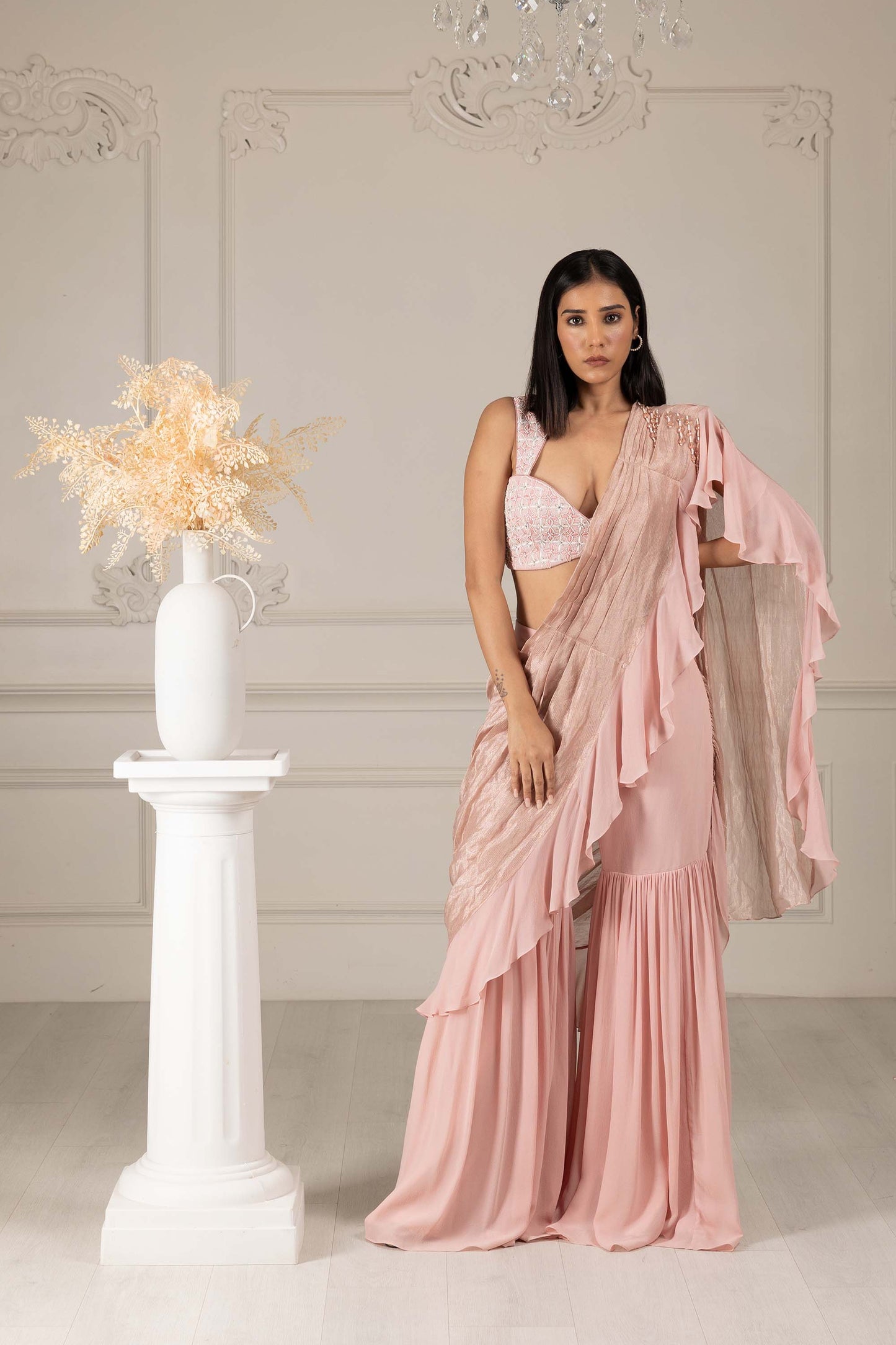 Royalty Peach Georgette Thread & Pearl Drape Saree