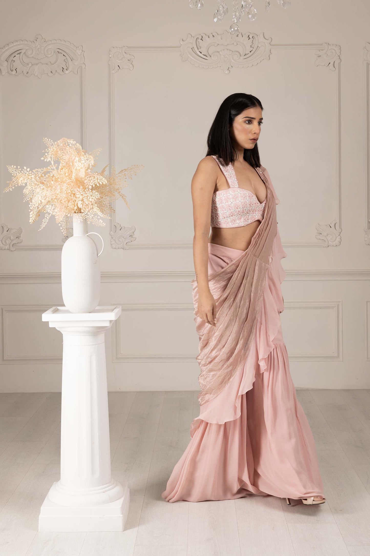 Royalty Peach Georgette Thread & Pearl Drape Saree