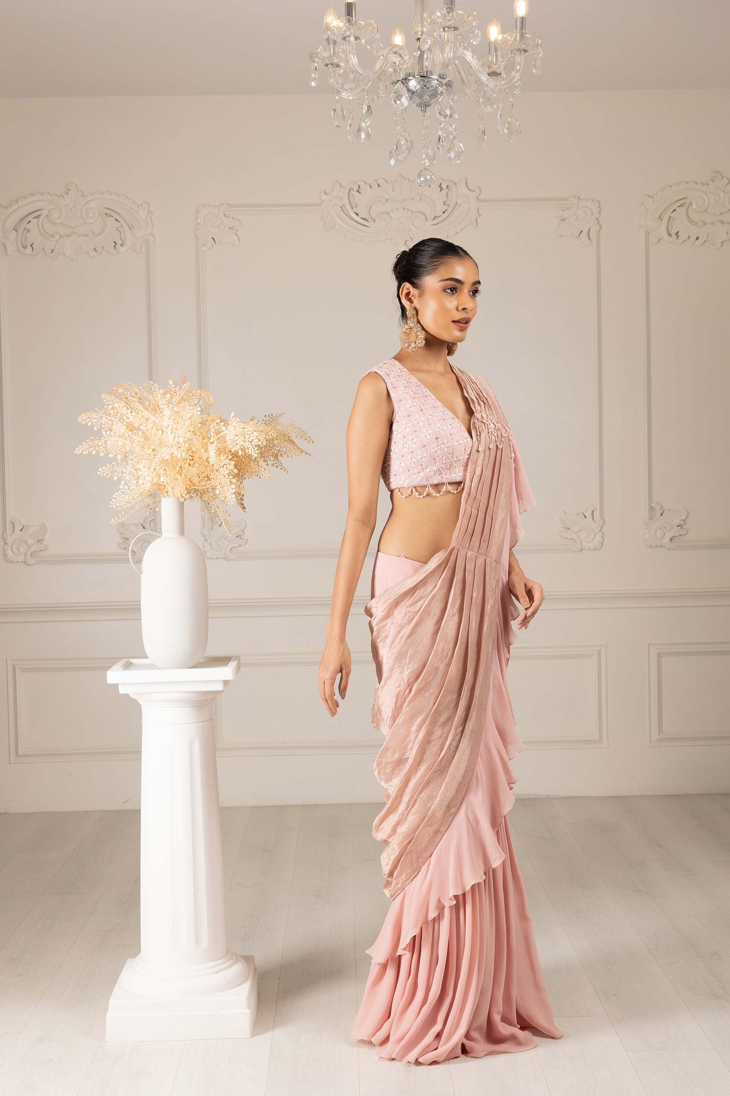 Royalty Peach Georgette Thread & Pearl Cocktail Drape Saree