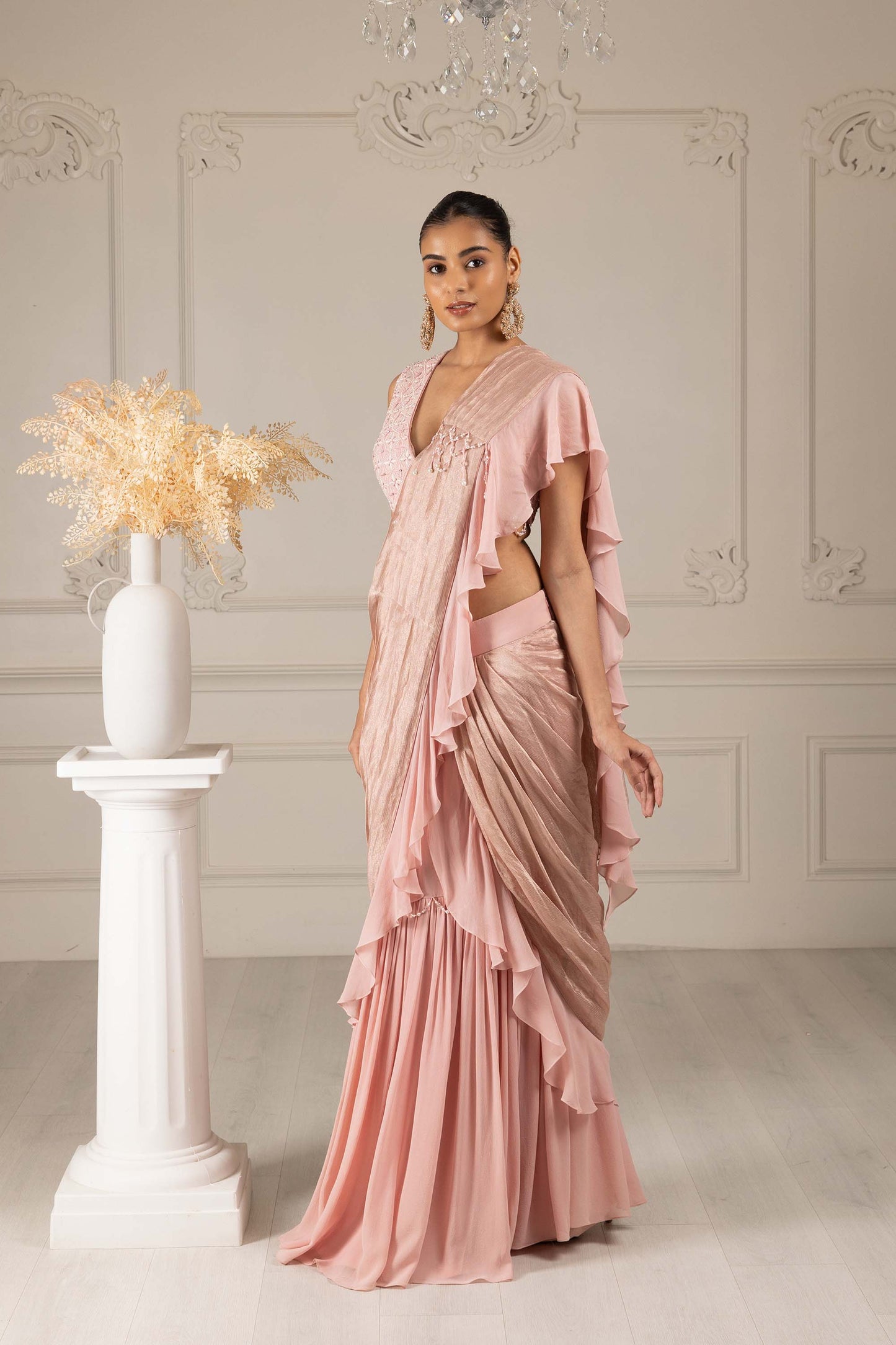 Royalty Peach Georgette Thread & Pearl Cocktail Drape Saree