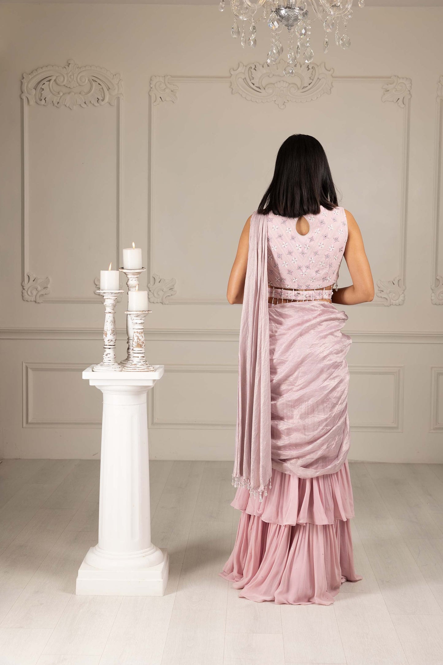 Royalty Peach Georgette Thread & Pearl Embroidered Drape Saree