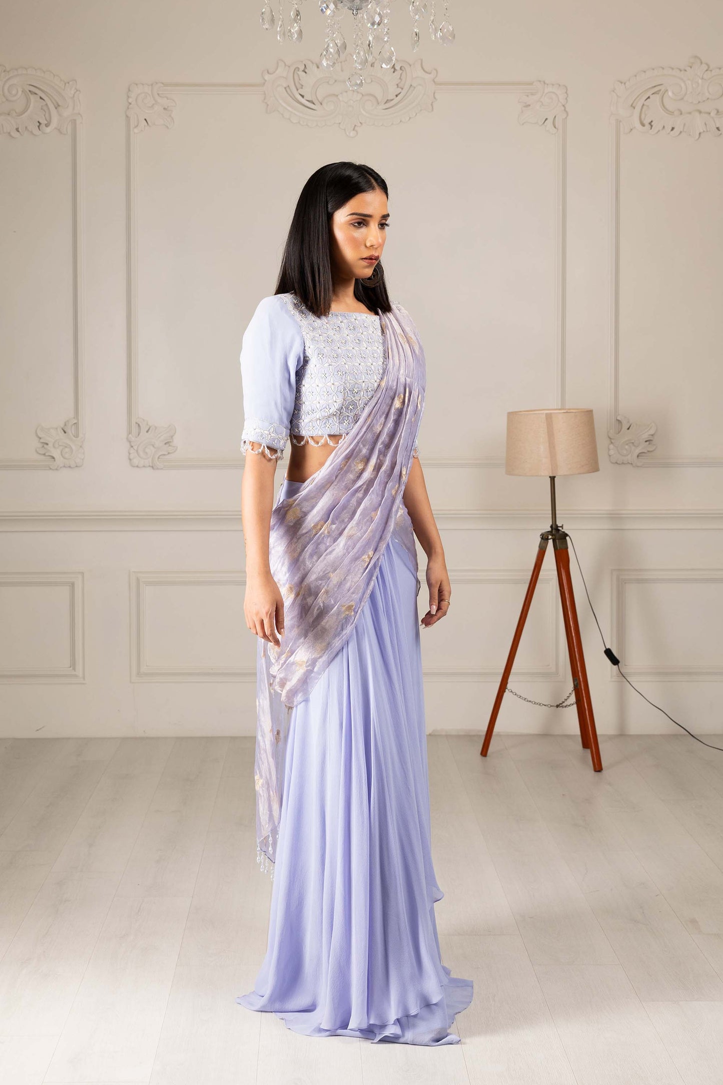 Royalty Sky Blue Georgette Thread & Pearl Drape Saree