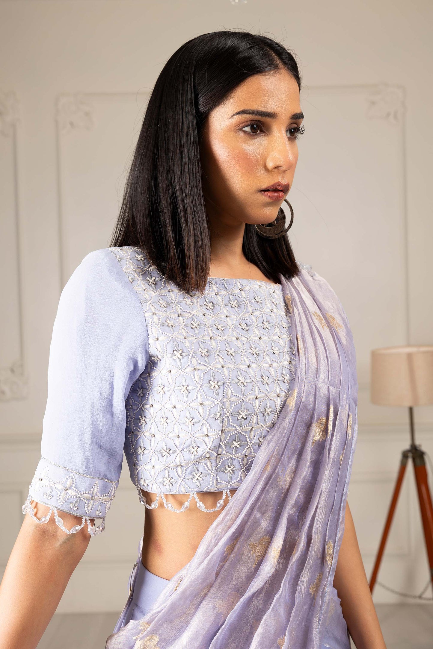 Royalty Sky Blue Georgette Thread & Pearl Drape Saree