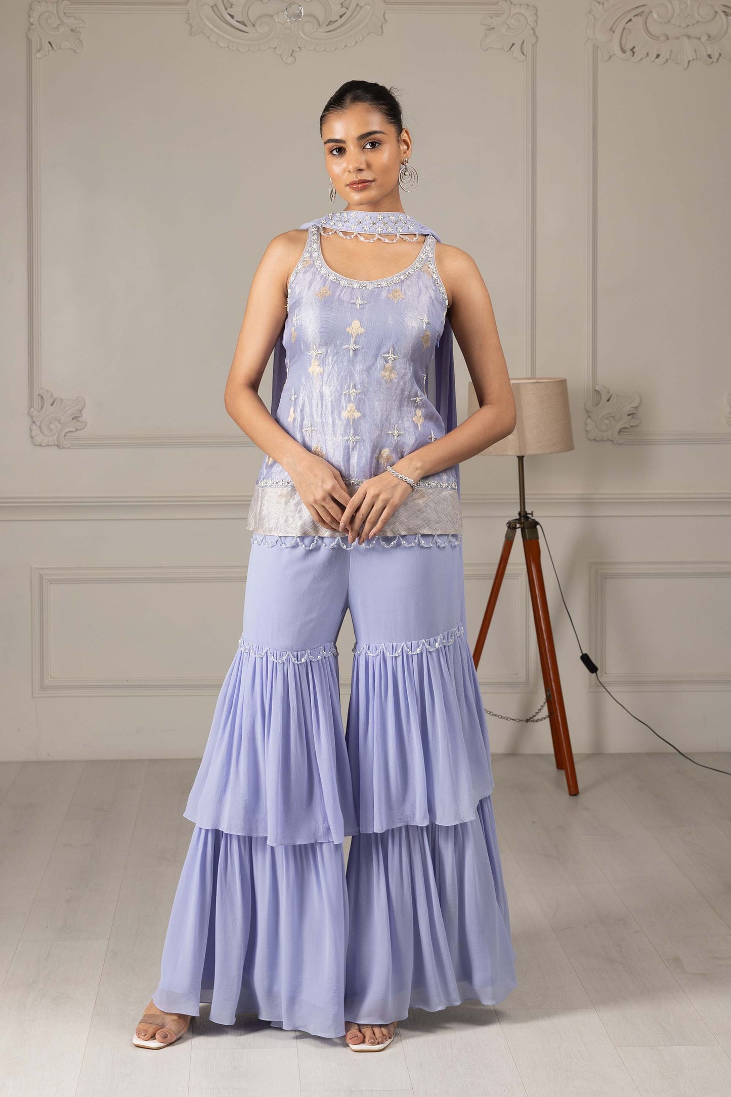 Royalty Sky Blue Banaras Organza Thread & Pearl Bridesmaid Sharara