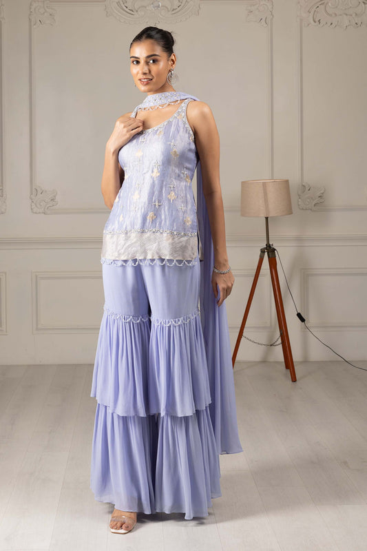 Royalty Sky Blue Banaras Organza Thread & Pearl Bridesmaid Sharara