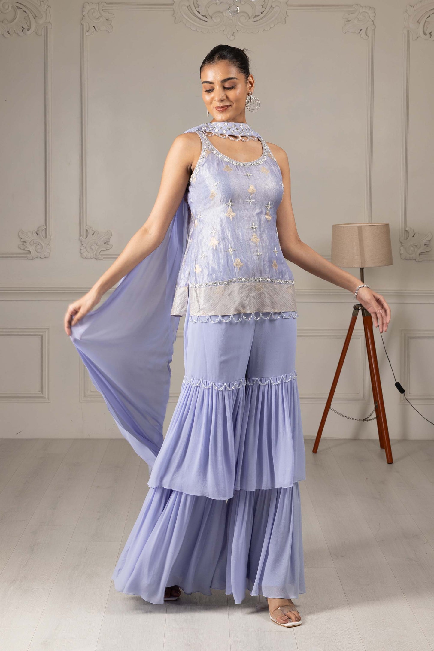 Royalty Sky Blue Banaras Organza Thread & Pearl Bridesmaid Sharara