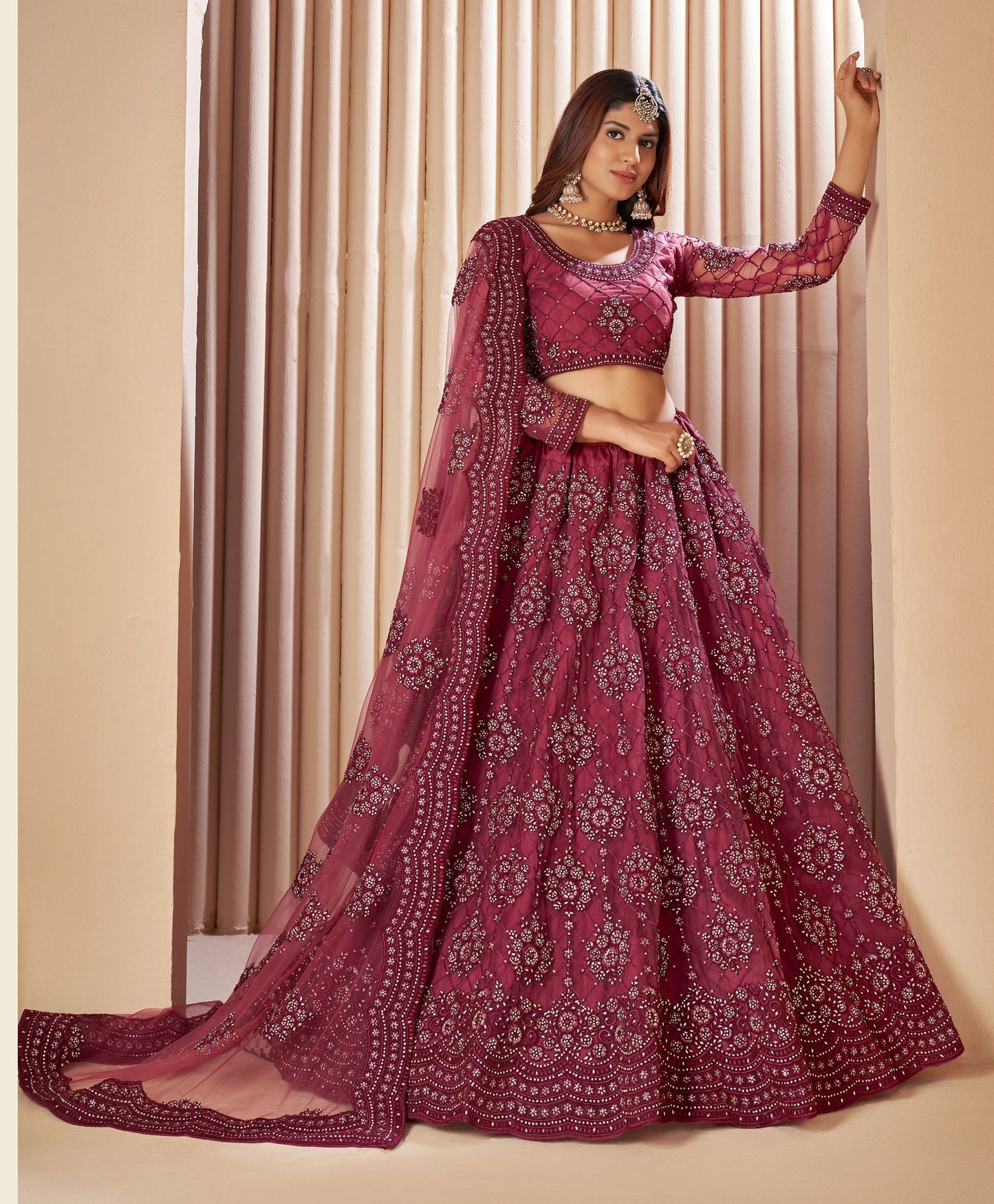 Dark Pink Color Resham Embroidered Net Lehenga