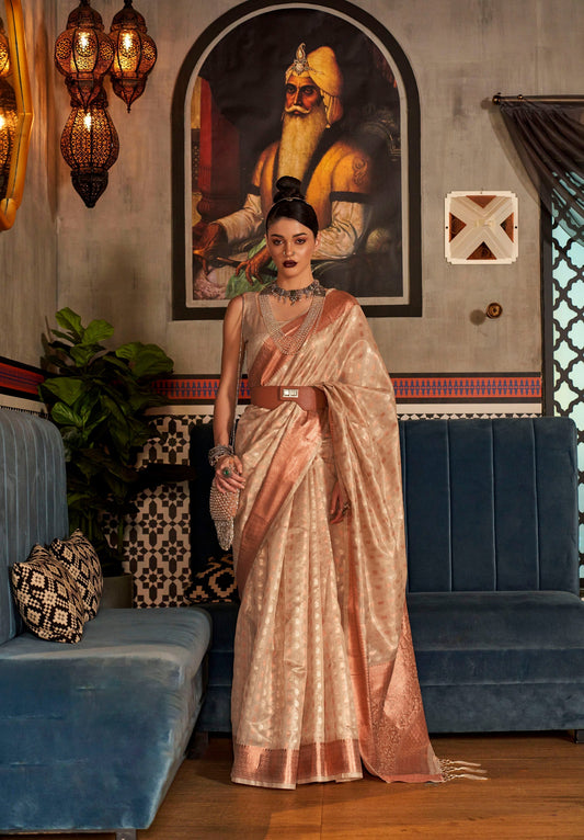 Beige Banarasi Woven Silk Saree