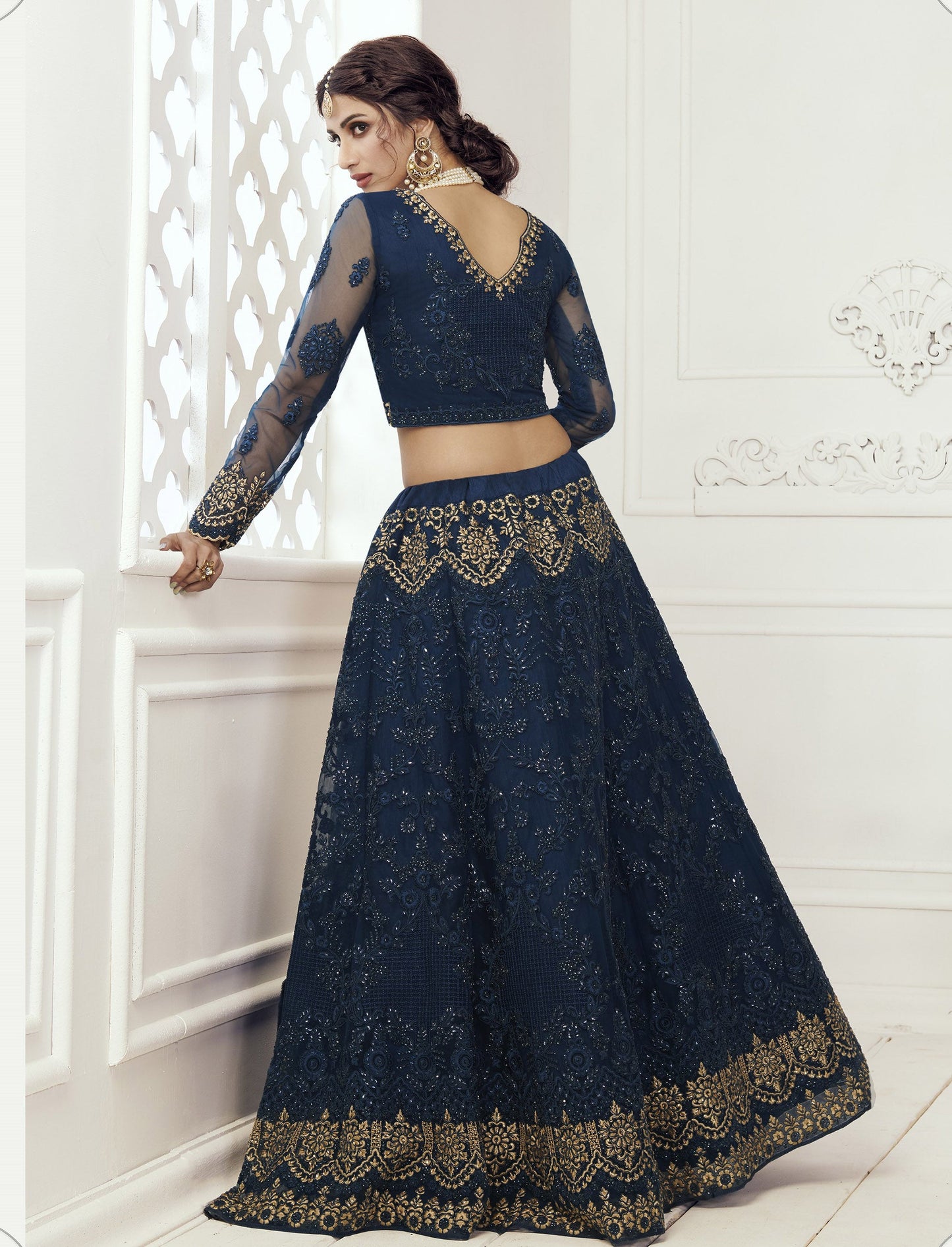 Dark Blue Heavy Embroidery Net Bridesmaid Lehenga