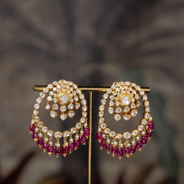 Pink and White Polki with Gold Plated Silver Jhumkas