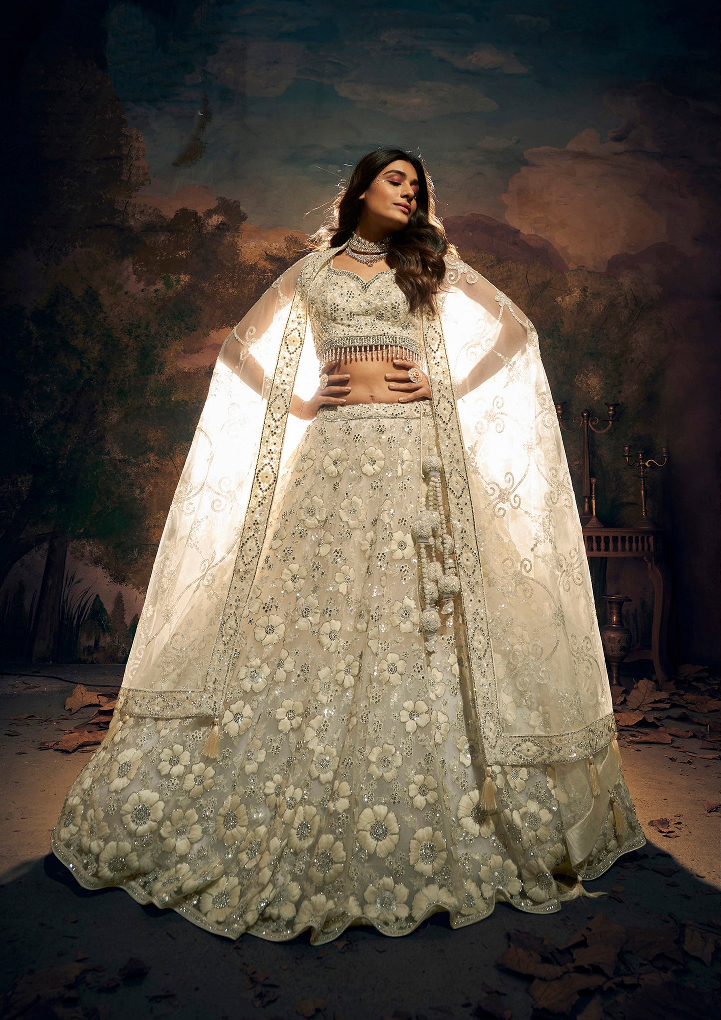 White Net Hand Embroidery Sangeet Lehenga