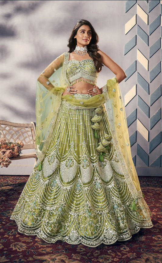 Green Net Hand Work Stone And Beads Mehendi Lehenga