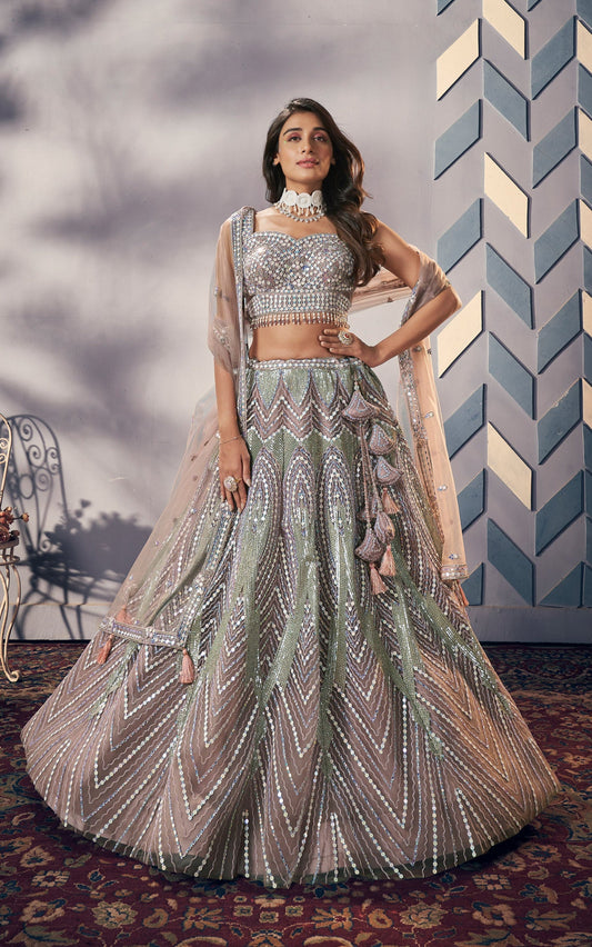 Grey Net Hand Work Stone And Beads Sangeet Lehenga