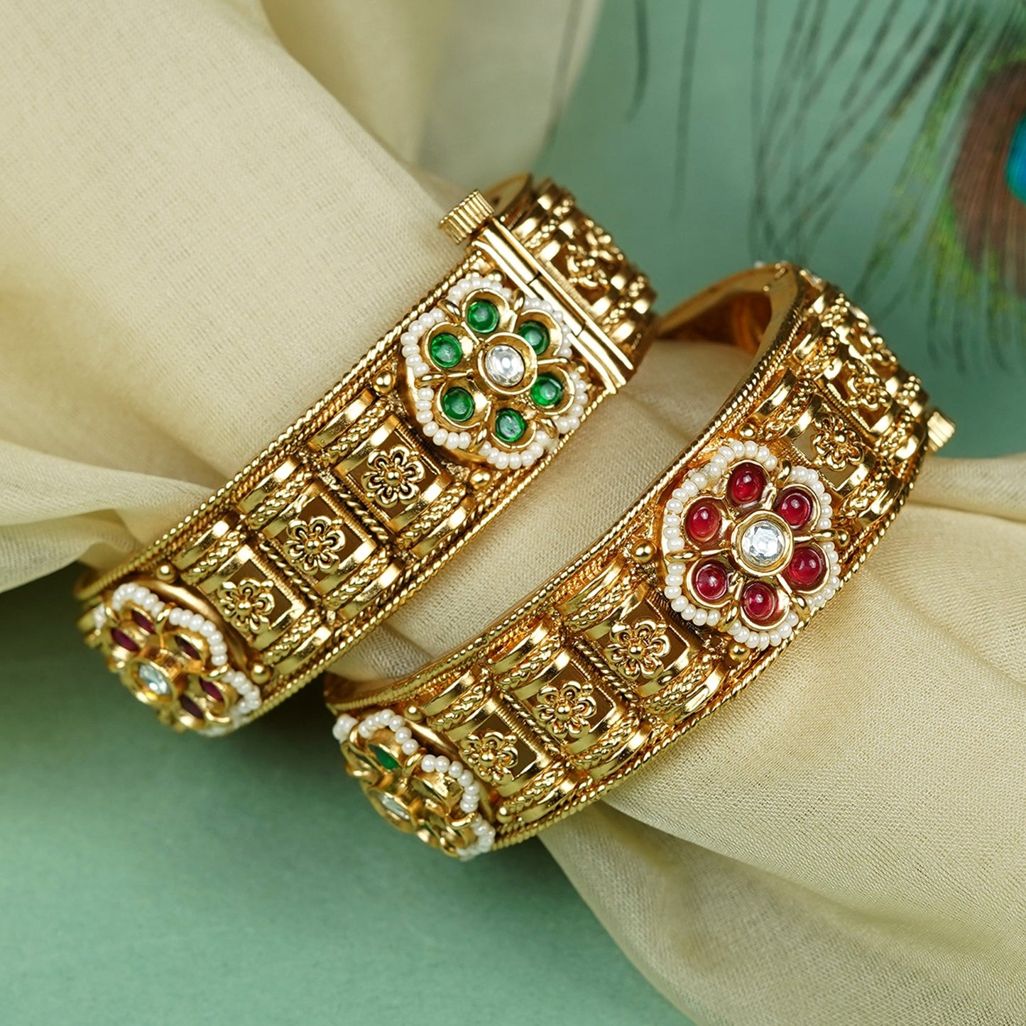 Zevar Club Set of 2 22K Gold-Plated Handcrafted Rajwadi Bangles with Ruby Red & Emerald Green Floral Kundan Motif