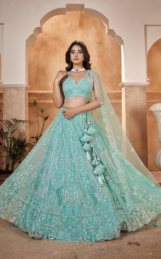 Sky Blue Net Hand & Beads Work Bridesmaid Lehenga